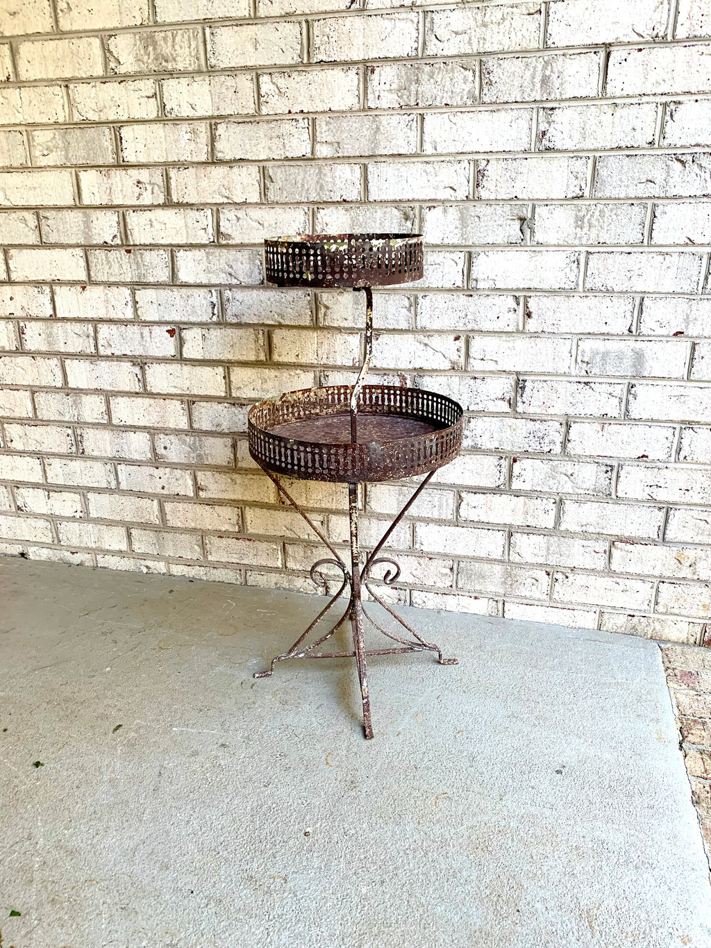 Distressed Metal Two Tier Plant Stand | MCM Rustic Display Stand | Distressed Metal Wire Plant Stand | Vintage Wrought Iron Display Stand