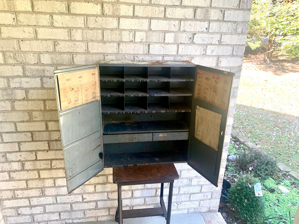 Metal Mechanic's Wall Cabinet| Rustic Metal Parts Cabinet | Vintage Automotive Advertisement Bin | Industrial Storage Cabinet | Hanging Cabinet