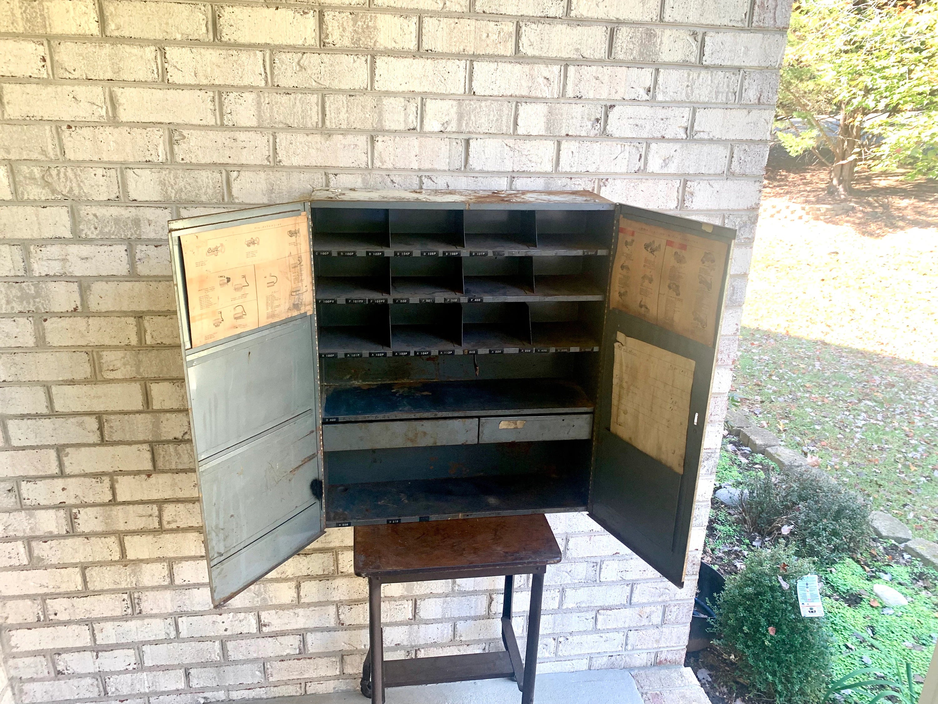 Metal Mechanic's Wall Cabinet| Rustic Metal Parts Cabinet | Vintage Automotive Advertisement Bin | Industrial Storage Cabinet | Hanging Cabinet