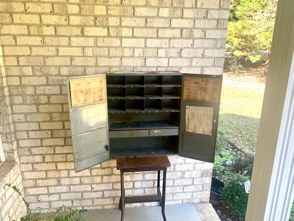 Metal Mechanic's Wall Cabinet| Rustic Metal Parts Cabinet | Vintage Automotive Advertisement Bin | Industrial Storage Cabinet | Hanging Cabinet