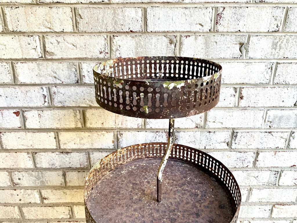 Distressed Metal Two Tier Plant Stand | MCM Rustic Display Stand | Distressed Metal Wire Plant Stand | Vintage Wrought Iron Display Stand