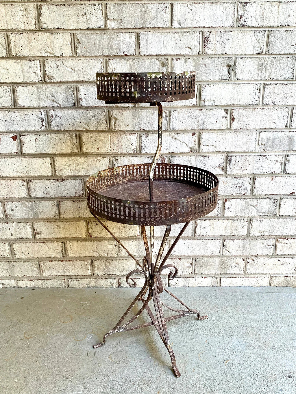 Distressed Metal Two Tier Plant Stand | MCM Rustic Display Stand | Distressed Metal Wire Plant Stand | Vintage Wrought Iron Display Stand