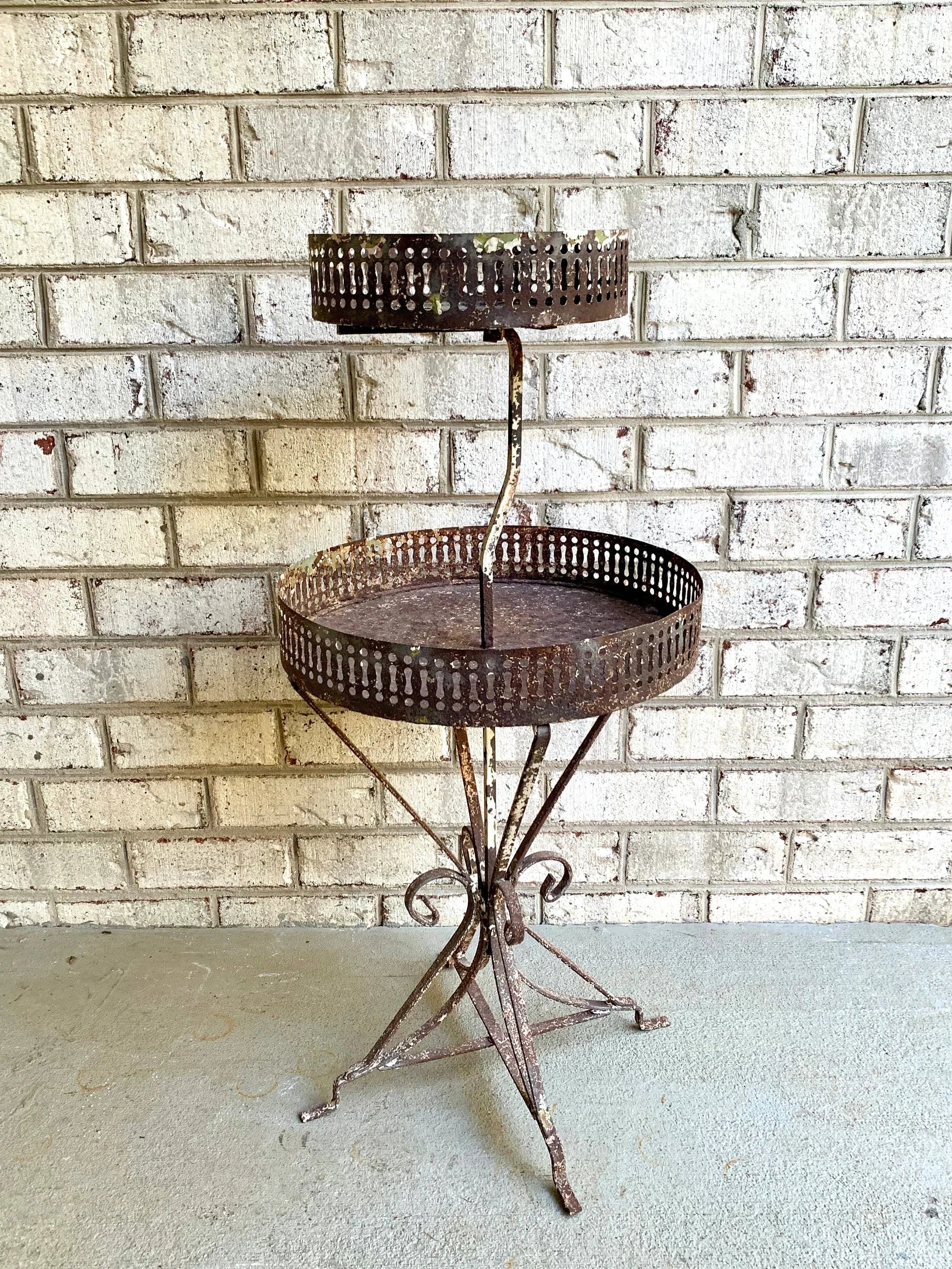 Distressed Metal Two Tier Plant Stand | MCM Rustic Display Stand | Distressed Metal Wire Plant Stand | Vintage Wrought Iron Display Stand
