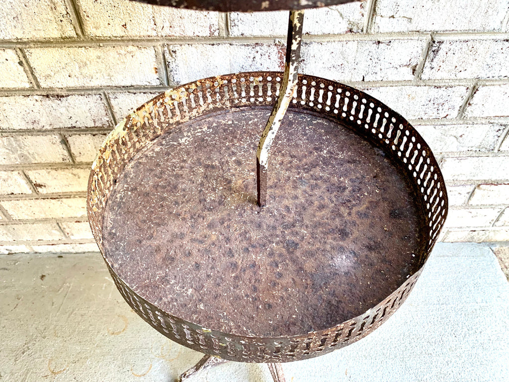 Distressed Metal Two Tier Plant Stand | MCM Rustic Display Stand | Distressed Metal Wire Plant Stand | Vintage Wrought Iron Display Stand