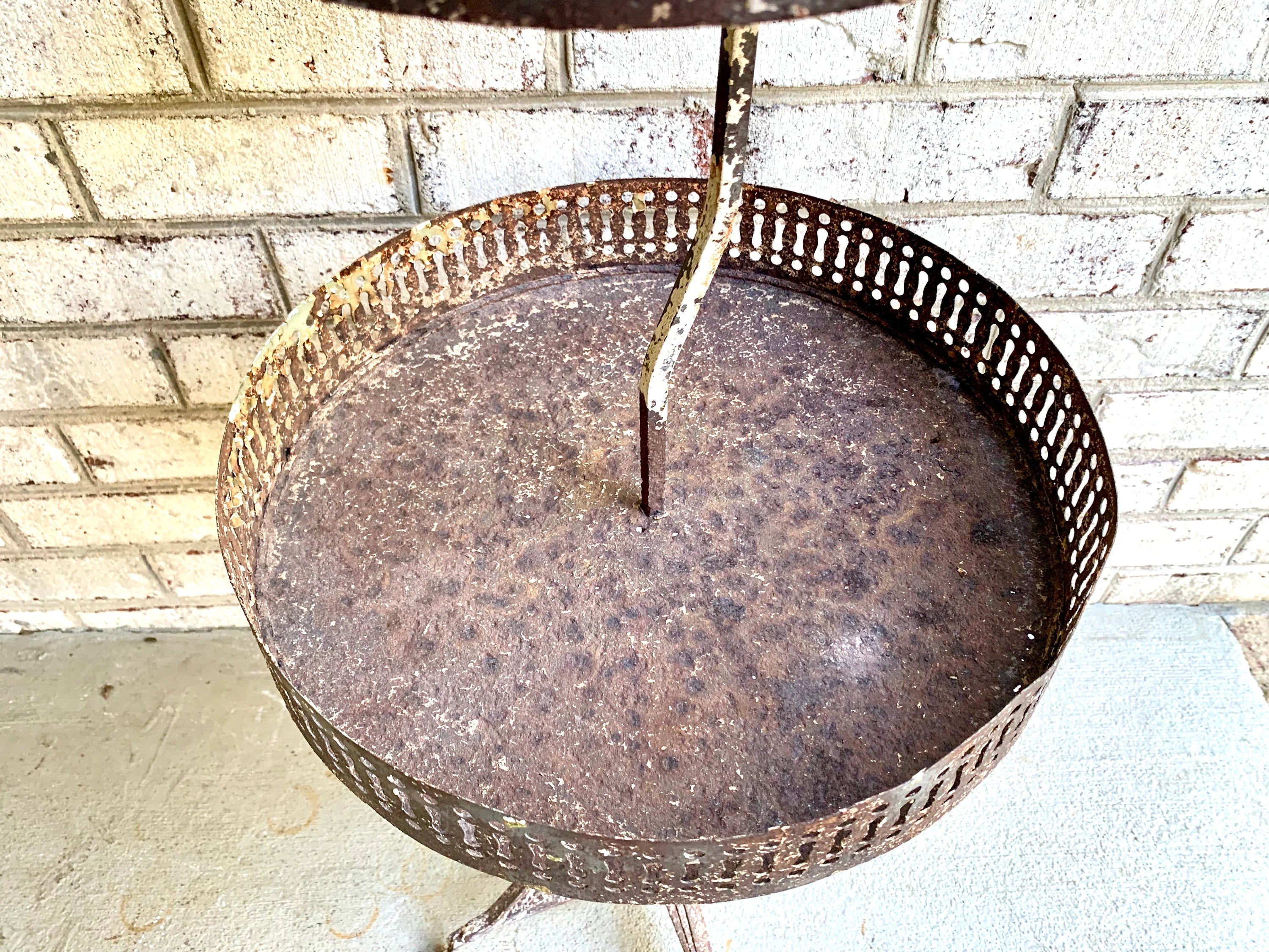 Distressed Metal Two Tier Plant Stand | MCM Rustic Display Stand | Distressed Metal Wire Plant Stand | Vintage Wrought Iron Display Stand