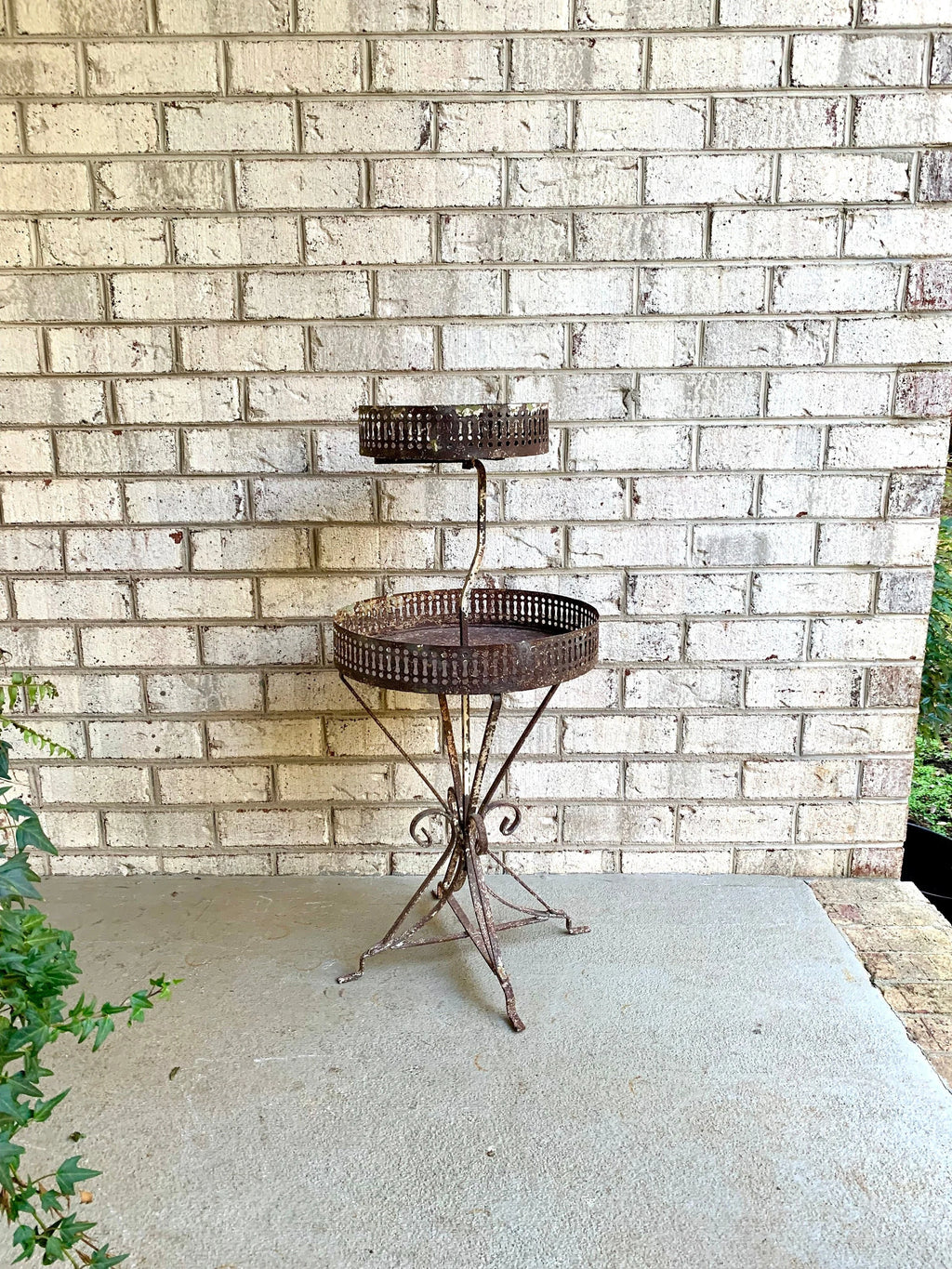 Distressed Metal Two Tier Plant Stand | MCM Rustic Display Stand | Distressed Metal Wire Plant Stand | Vintage Wrought Iron Display Stand