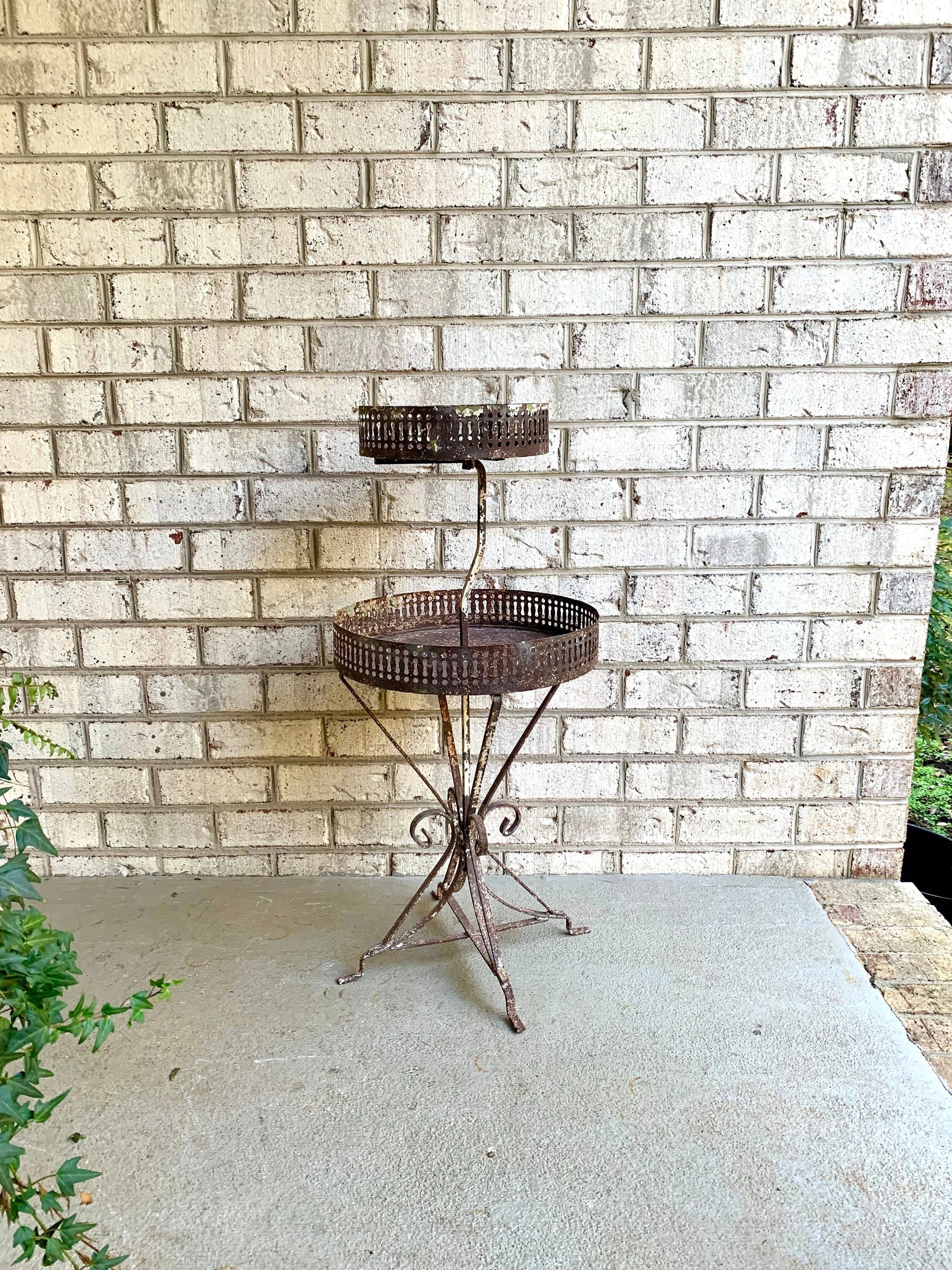Distressed Metal Two Tier Plant Stand | MCM Rustic Display Stand | Distressed Metal Wire Plant Stand | Vintage Wrought Iron Display Stand