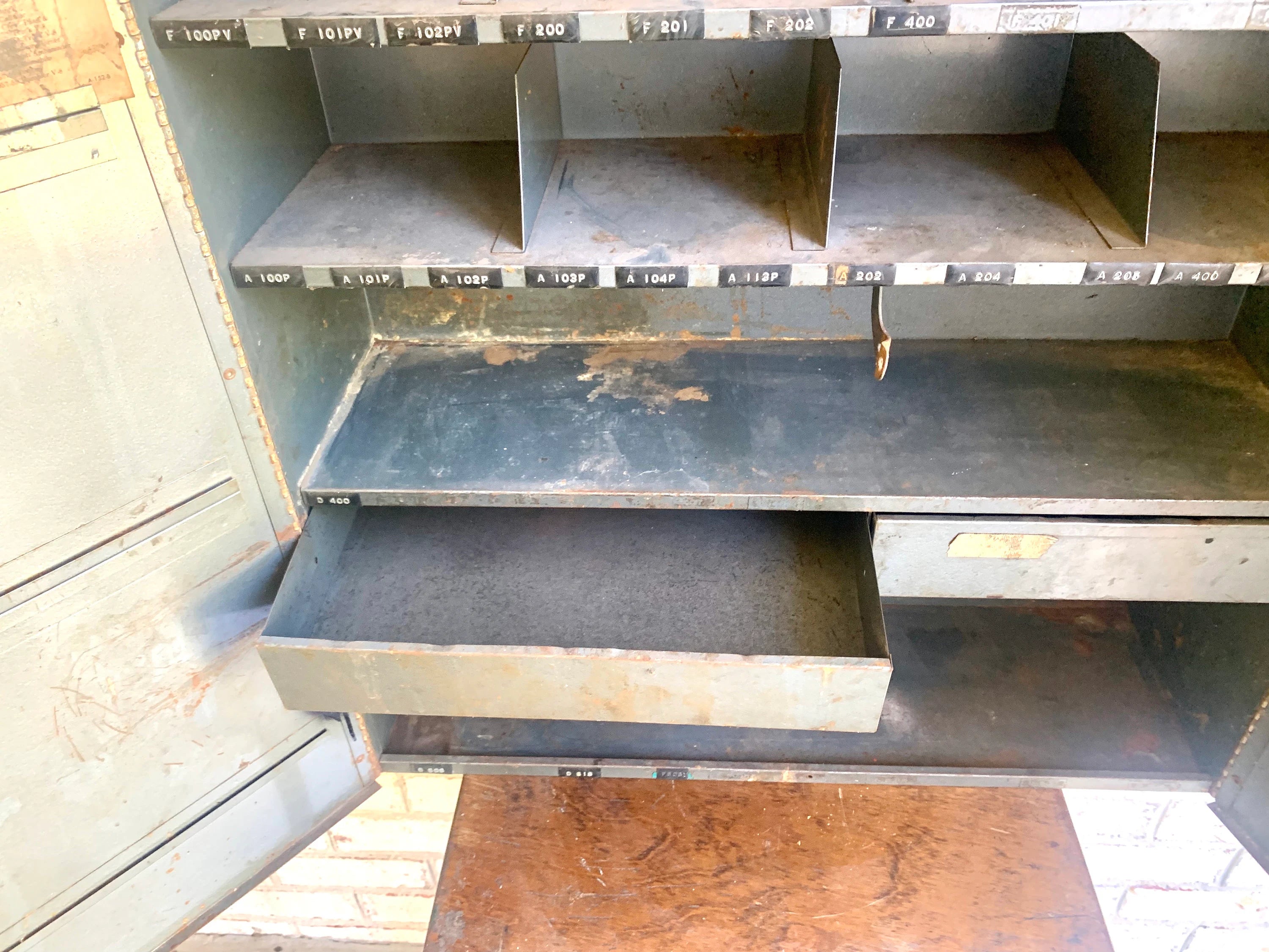 Metal Mechanic's Wall Cabinet| Rustic Metal Parts Cabinet | Vintage Automotive Advertisement Bin | Industrial Storage Cabinet | Hanging Cabinet