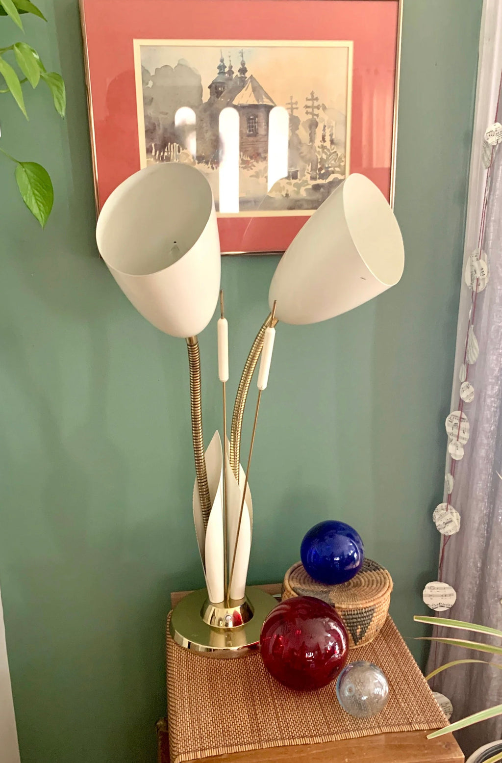 Vtg White and Gold Cattail And Calla Lily Lamp | MCM Double Gooseneck Cattail Lamp | Calla Lily Lamp
