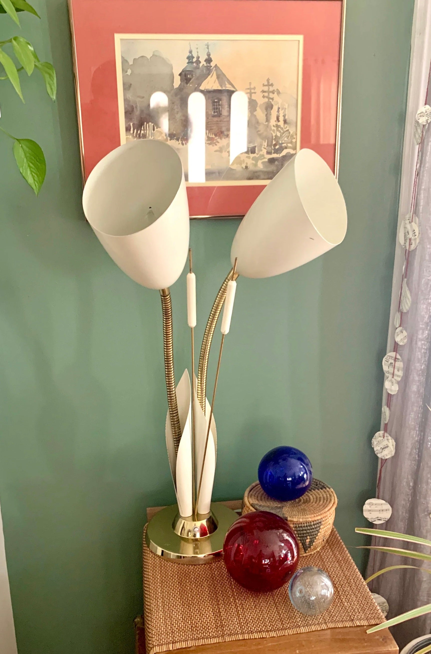 Vtg White and Gold Cattail And Calla Lily Lamp | MCM Double Gooseneck Cattail Lamp | Calla Lily Lamp