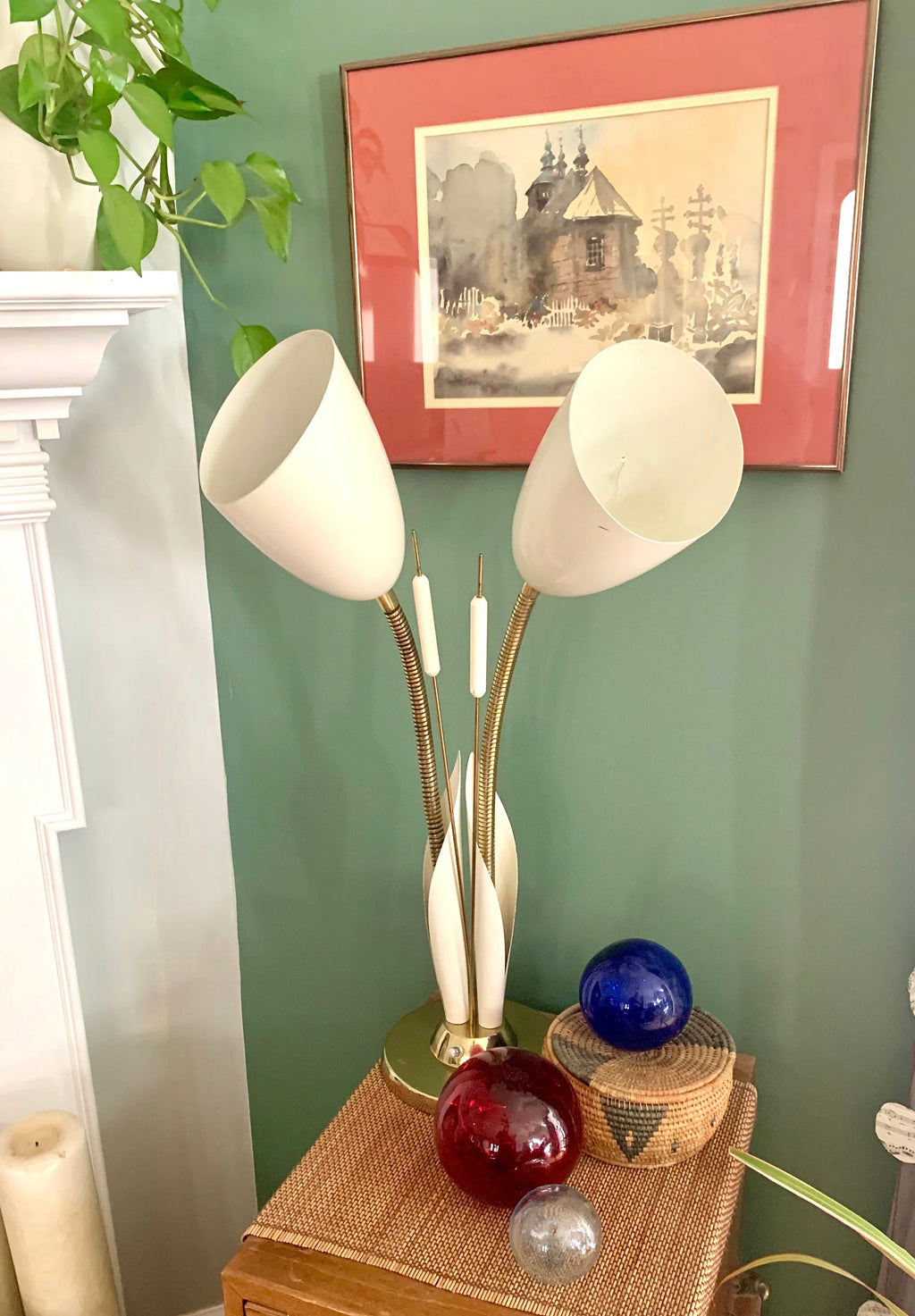 Vtg White and Gold Cattail And Calla Lily Lamp | MCM Double Gooseneck Cattail Lamp | Calla Lily Lamp
