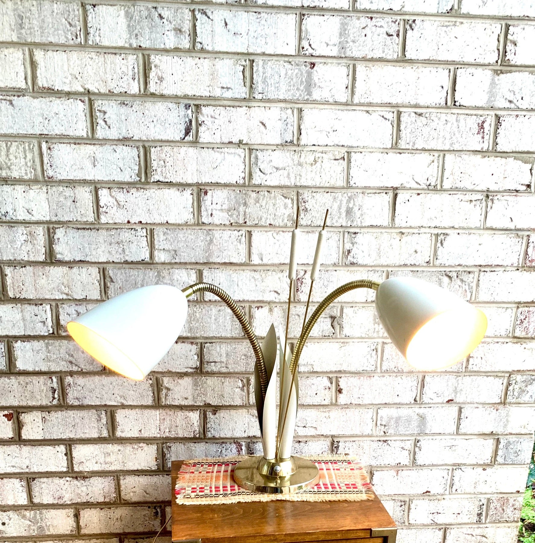 Vtg White and Gold Cattail And Calla Lily Lamp | MCM Double Gooseneck Cattail Lamp | Calla Lily Lamp