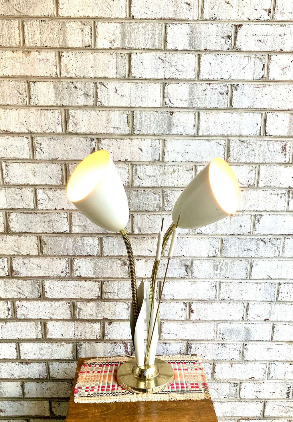 Vtg White and Gold Cattail And Calla Lily Lamp | MCM Double Gooseneck Cattail Lamp | Calla Lily Lamp