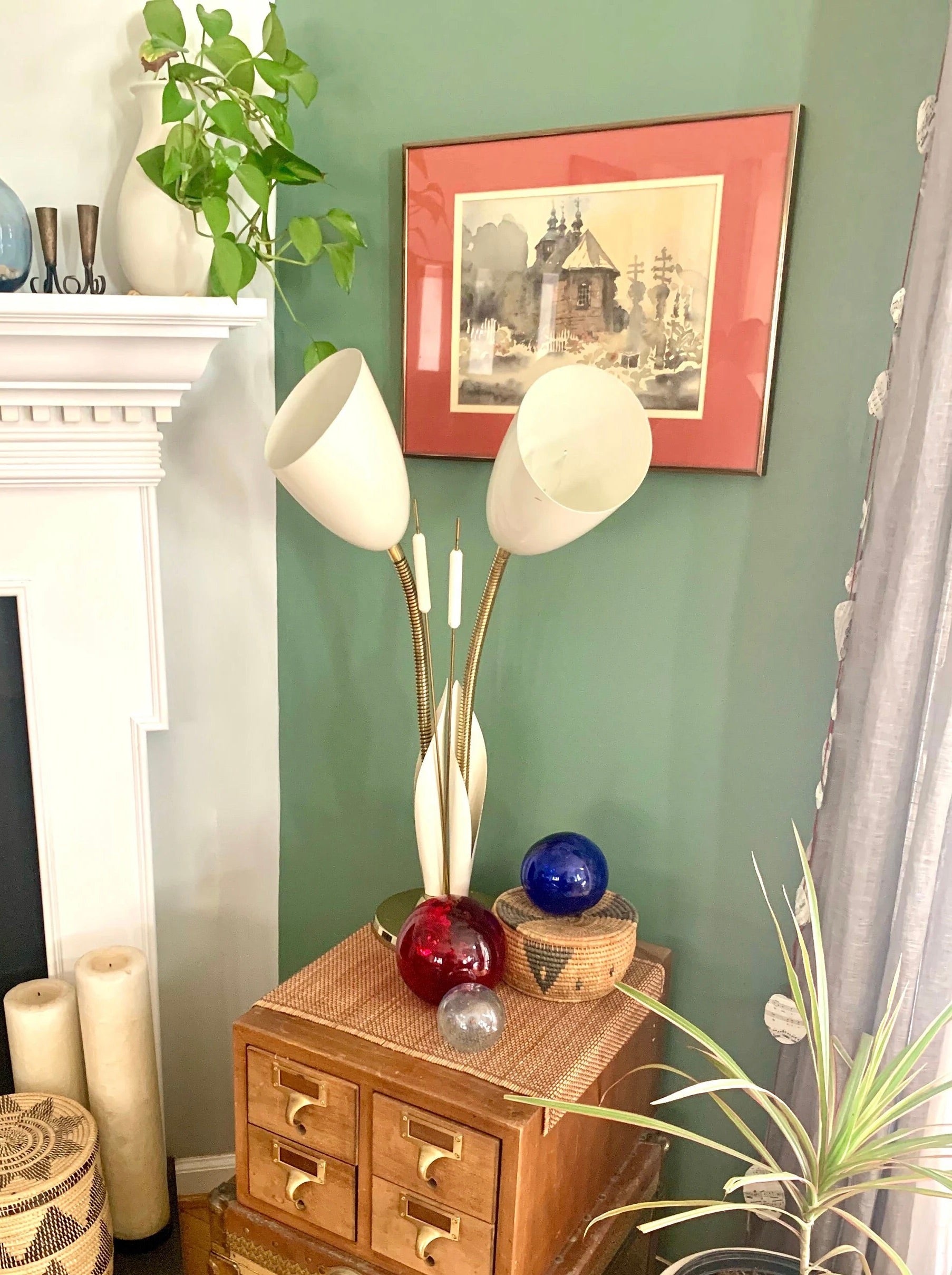 Vtg White and Gold Cattail And Calla Lily Lamp | MCM Double Gooseneck Cattail Lamp | Calla Lily Lamp