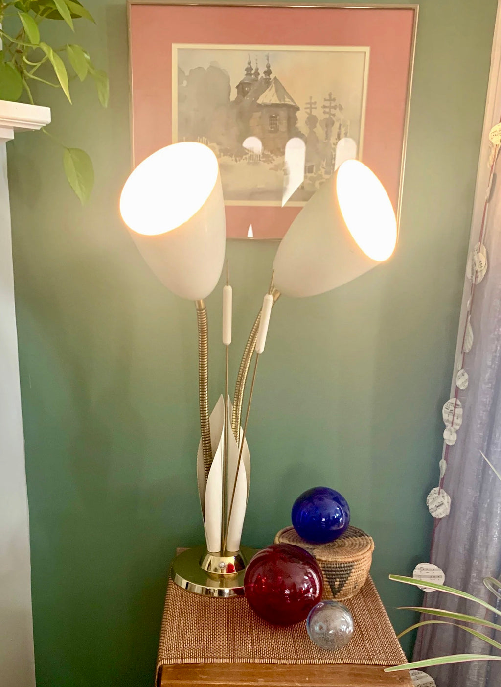 Vtg White and Gold Cattail And Calla Lily Lamp | MCM Double Gooseneck Cattail Lamp | Calla Lily Lamp