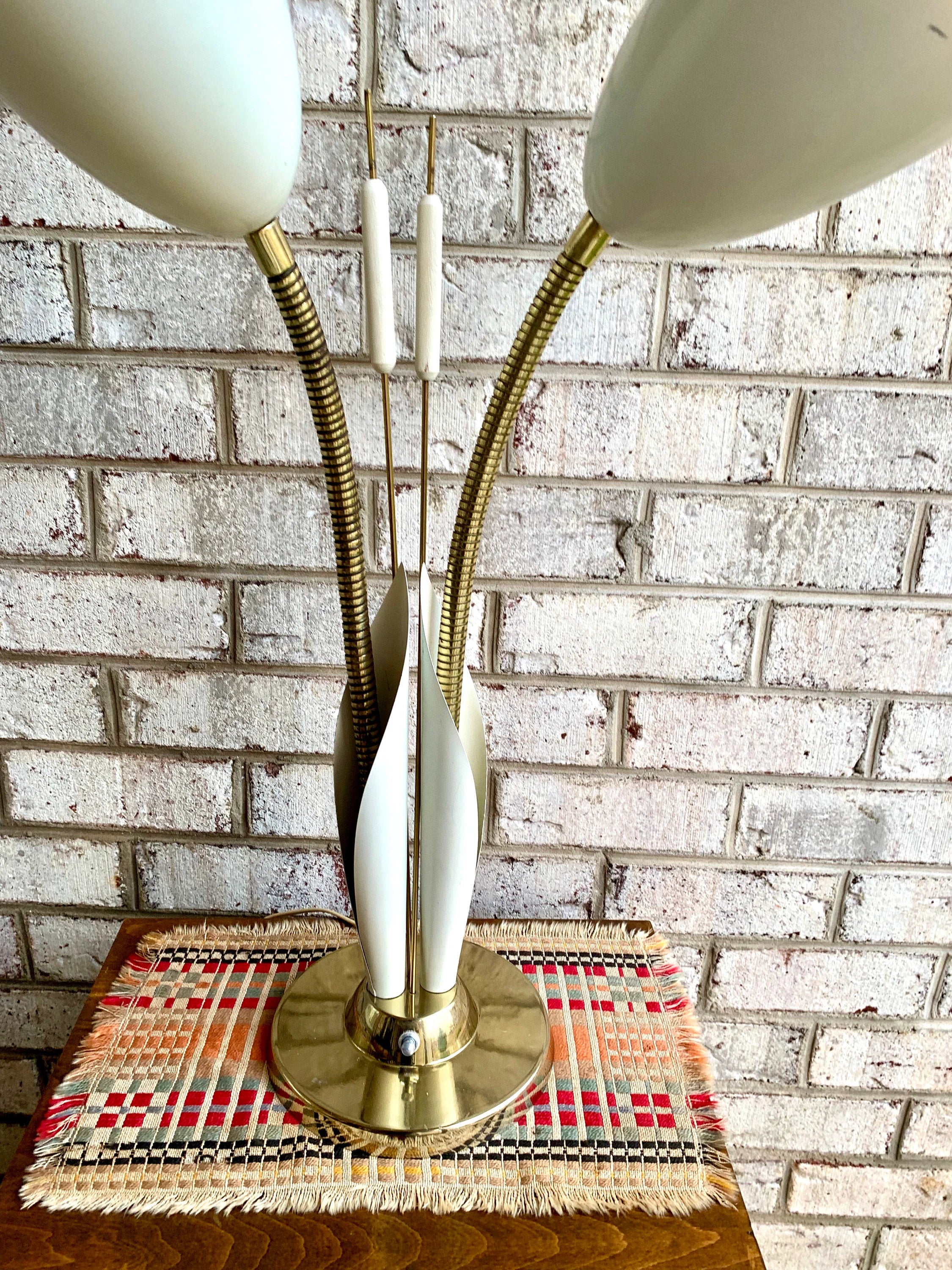 Vtg White and Gold Cattail And Calla Lily Lamp | MCM Double Gooseneck Cattail Lamp | Calla Lily Lamp