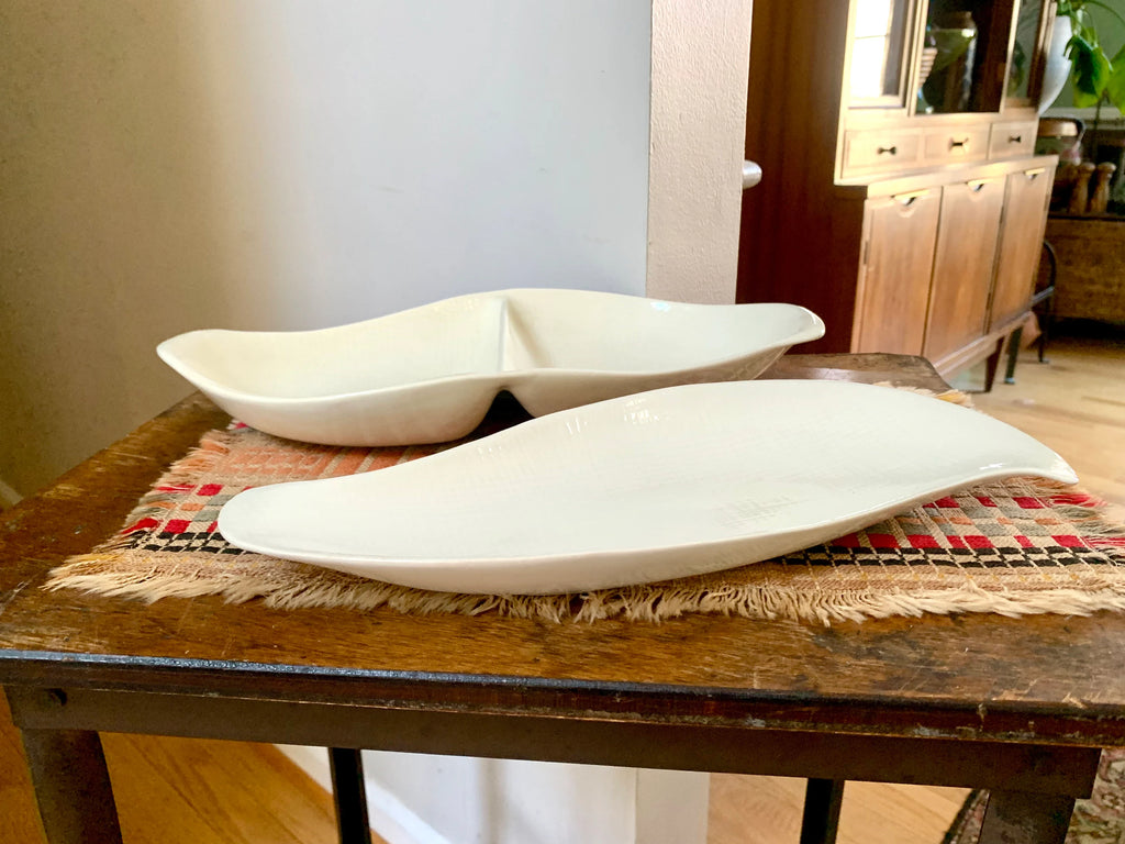 Vtg Redwing China Serving Trays | Pair of Redwing Serving Dishes | MCM Dinnerware | Redwing Textured S Shaped Serving Dishes