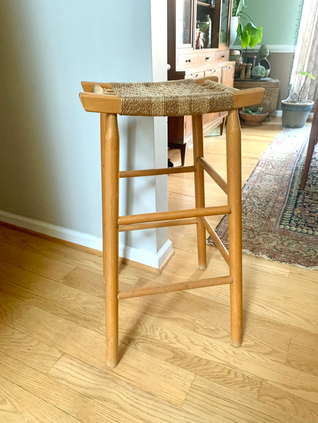 A Tall Rush Bottom Bar Stool | Wooden Rush Stool | French Style Wooden Stool | Woven Top Bar Stool