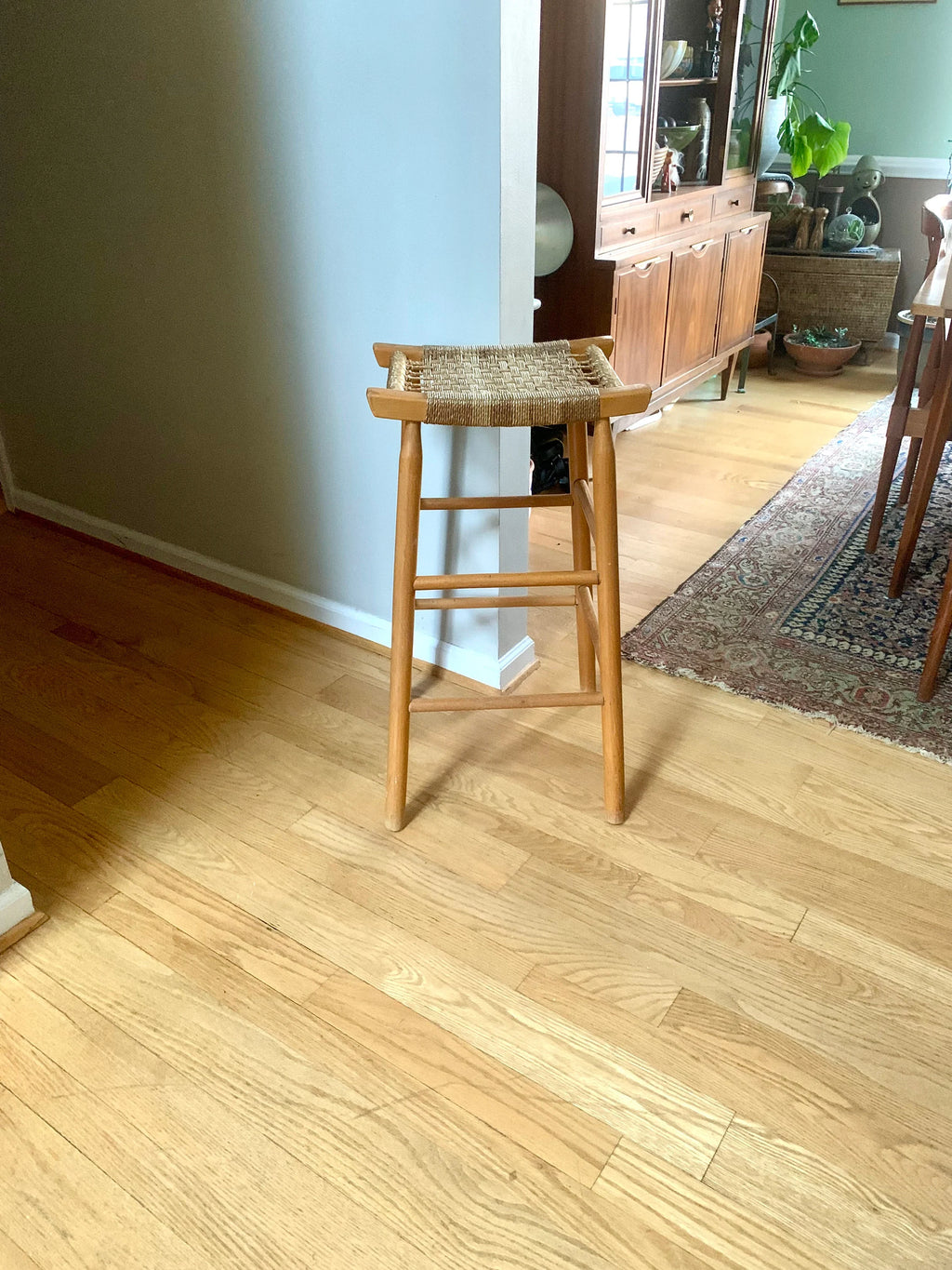 A Tall Rush Bottom Bar Stool | Wooden Rush Stool | French Style Wooden Stool | Woven Top Bar Stool