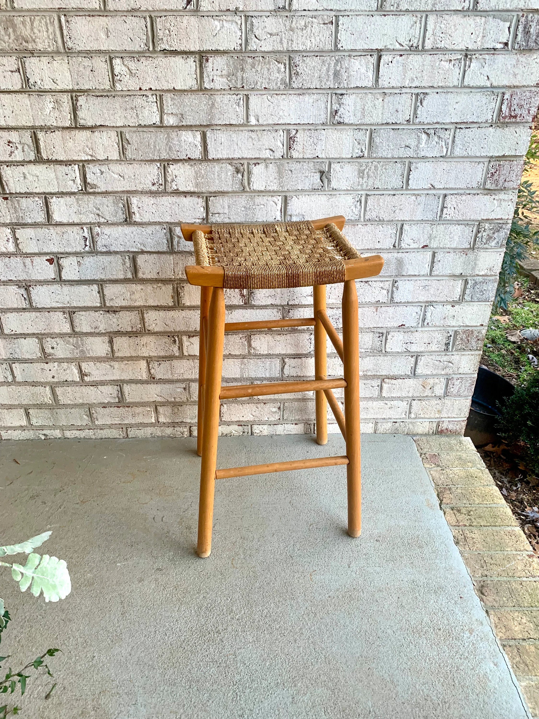 A Tall Rush Bottom Bar Stool | Wooden Rush Stool | French Style Wooden Stool | Woven Top Bar Stool
