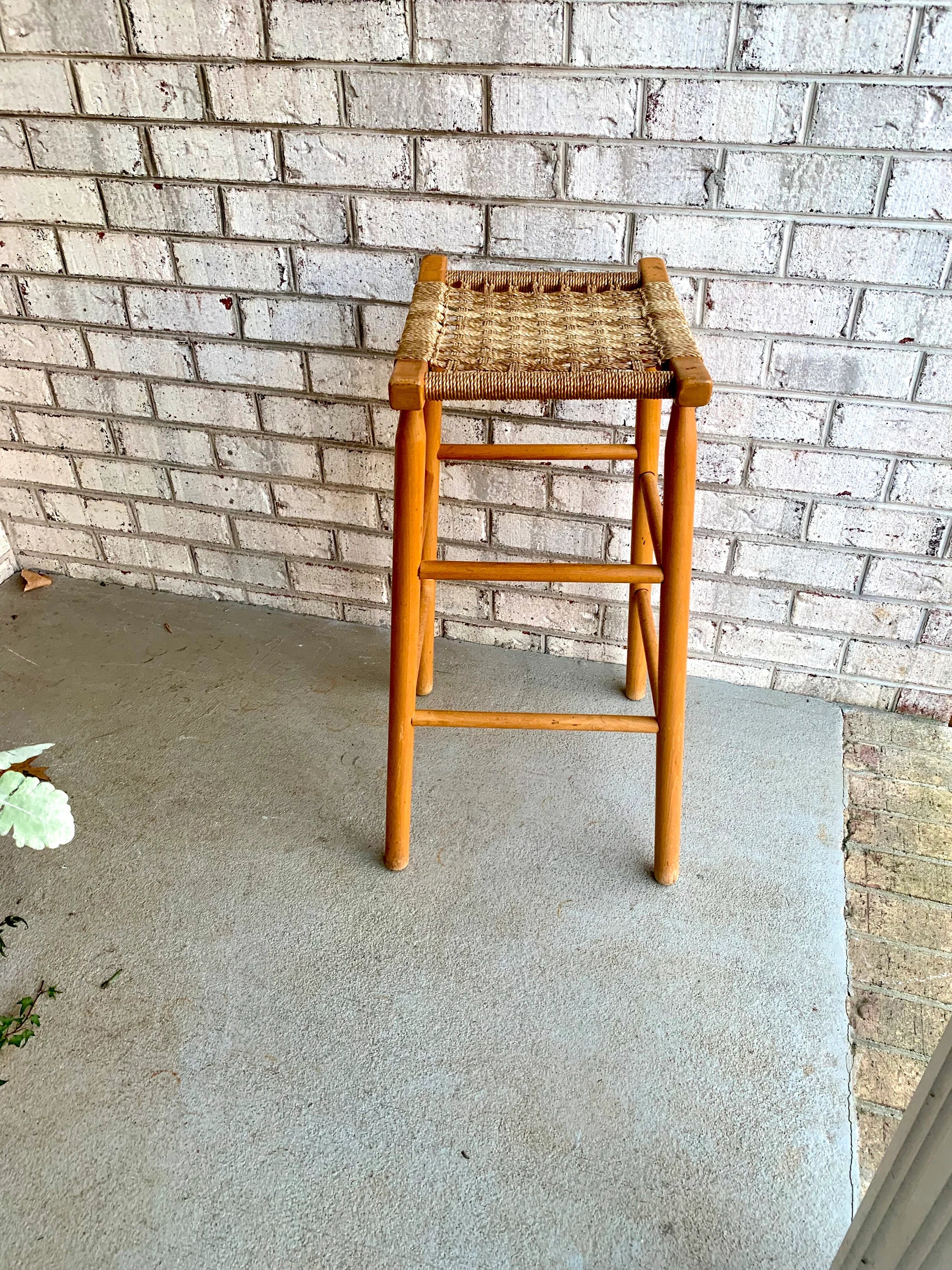 A Tall Rush Bottom Bar Stool | Wooden Rush Stool | French Style Wooden Stool | Woven Top Bar Stool