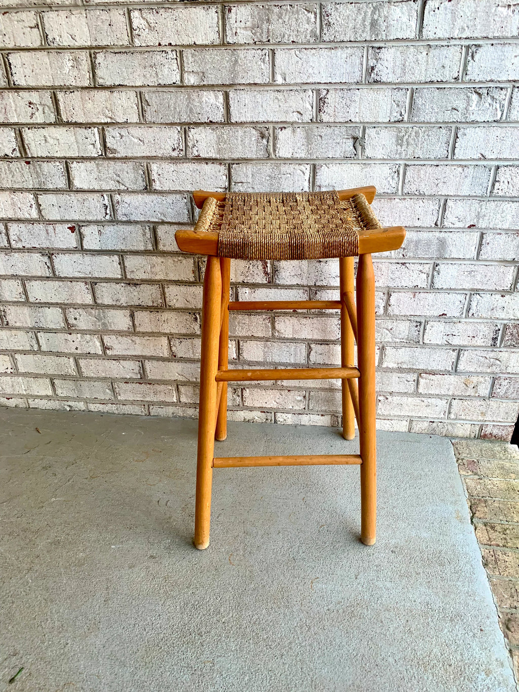 A Tall Rush Bottom Bar Stool | Wooden Rush Stool | French Style Wooden Stool | Woven Top Bar Stool