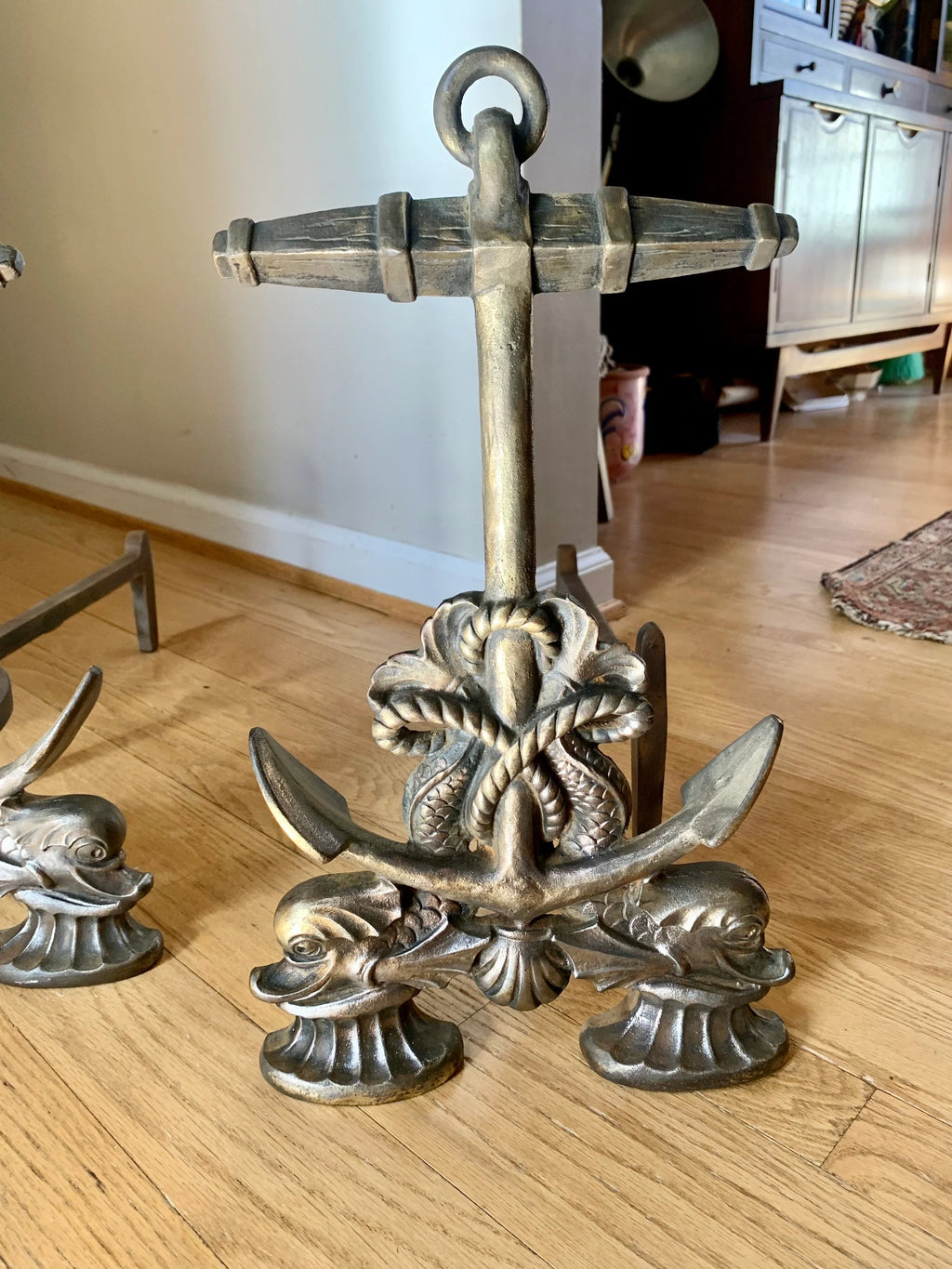 Vtg Howes Brass Anchor Andirons | Brass Decorative Sea Serpent Anchor Andirons | Nautical Themed Andirons | Mid Century Nautical Decor