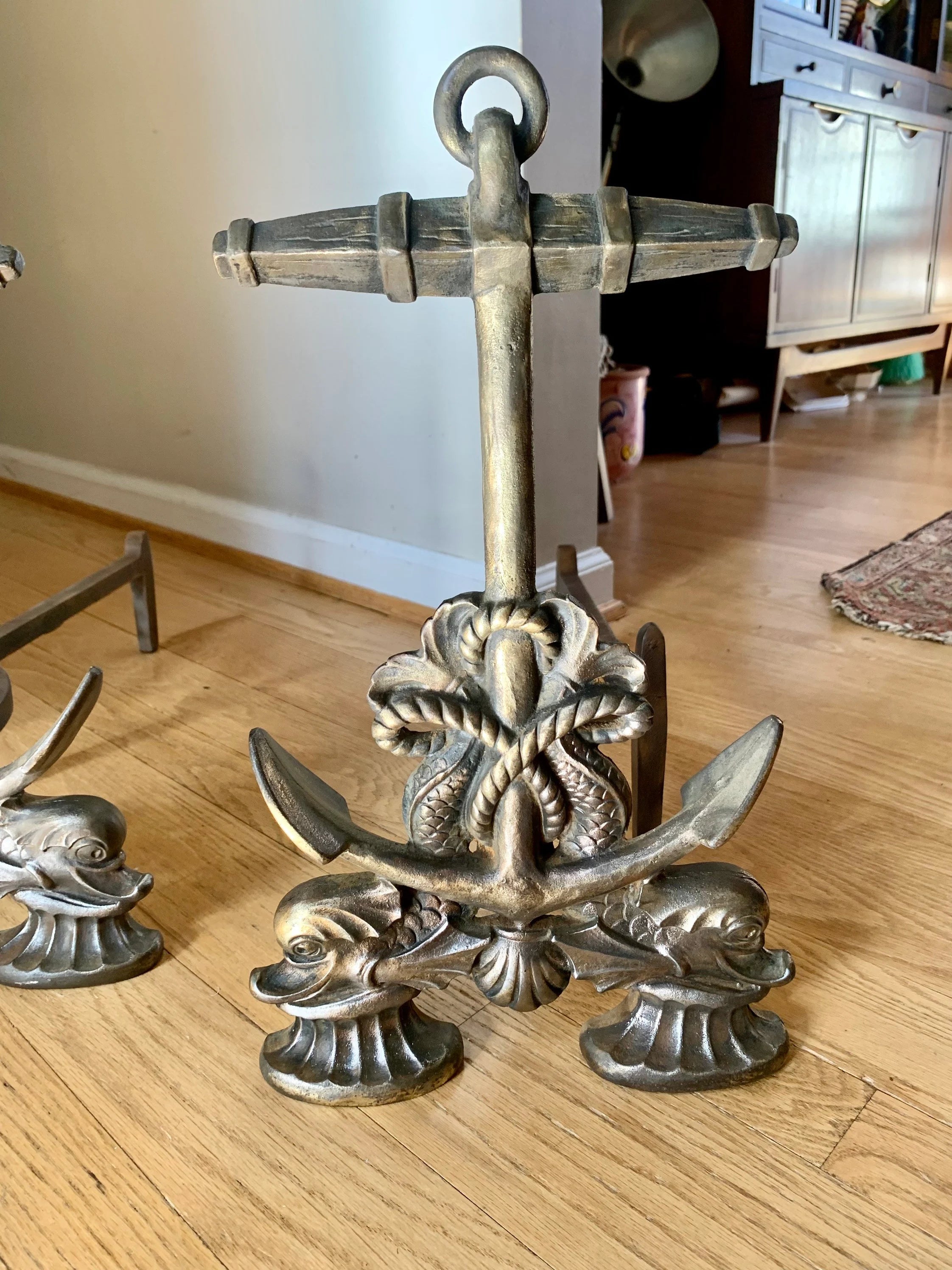Vtg Howes Brass Anchor Andirons | Brass Decorative Sea Serpent Anchor Andirons | Nautical Themed Andirons | Mid Century Nautical Decor
