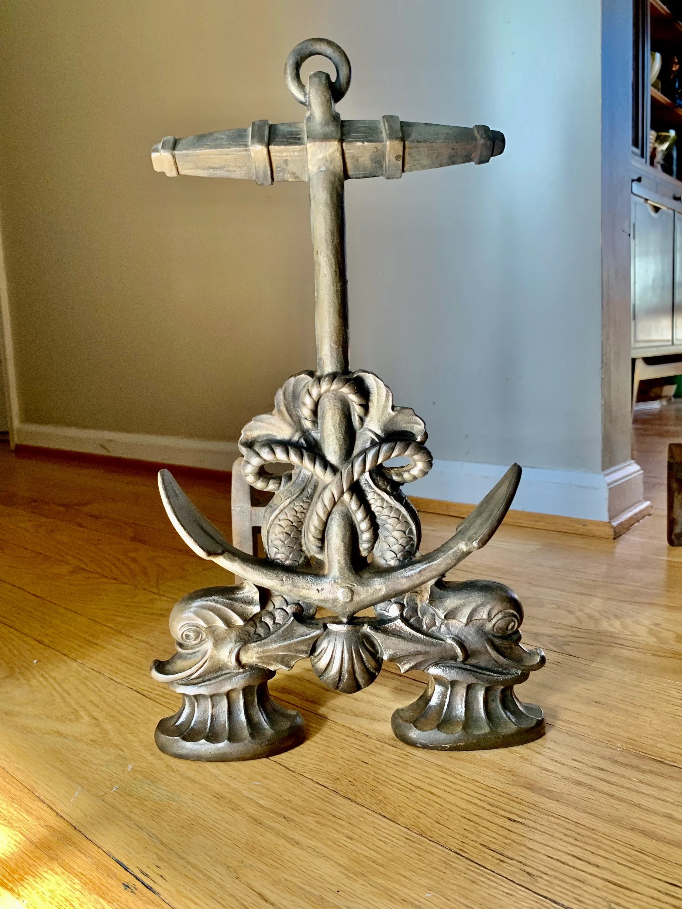 Vtg Howes Brass Anchor Andirons | Brass Decorative Sea Serpent Anchor Andirons | Nautical Themed Andirons | Mid Century Nautical Decor