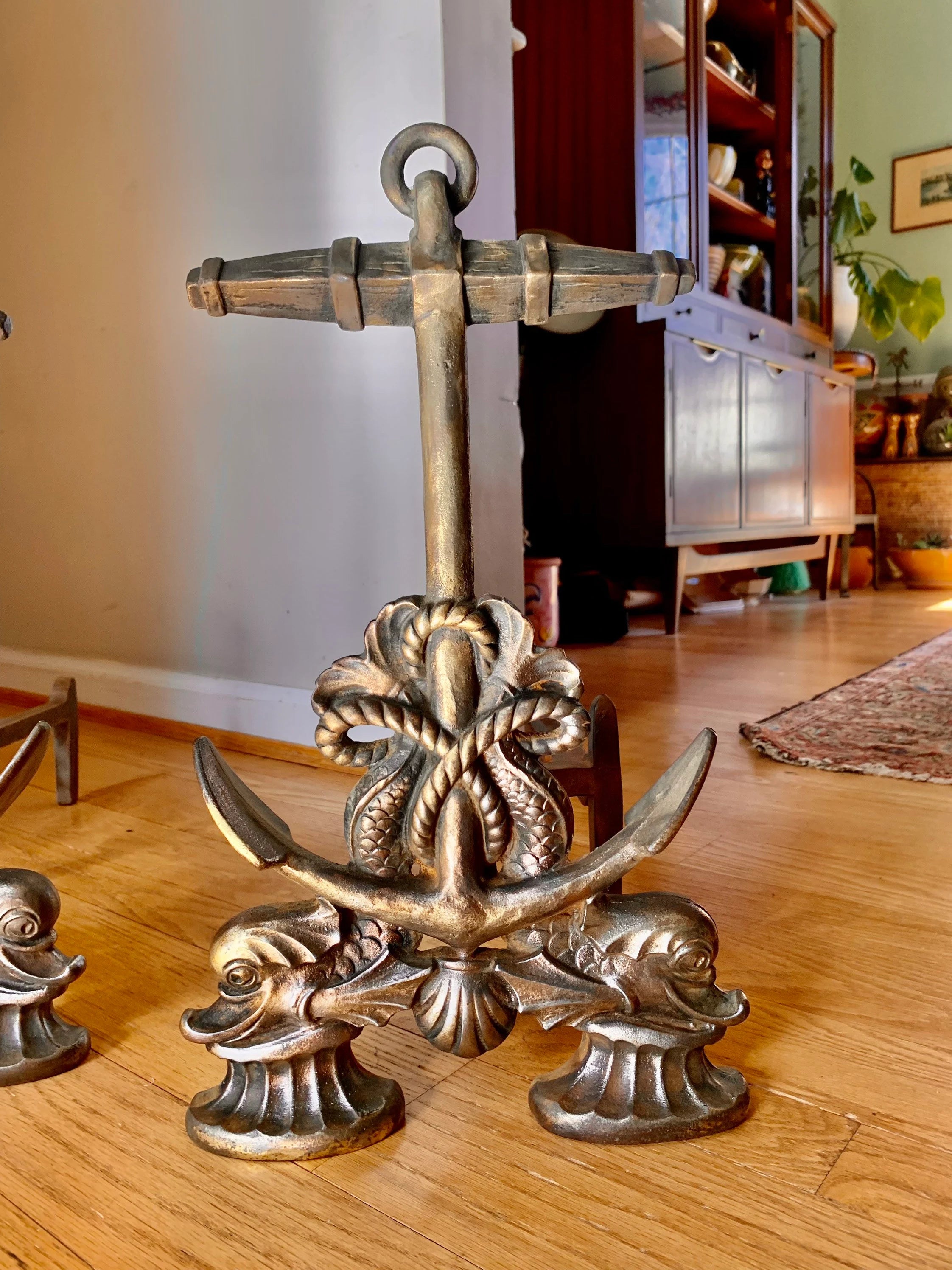 Vtg Howes Brass Anchor Andirons | Brass Decorative Sea Serpent Anchor Andirons | Nautical Themed Andirons | Mid Century Nautical Decor