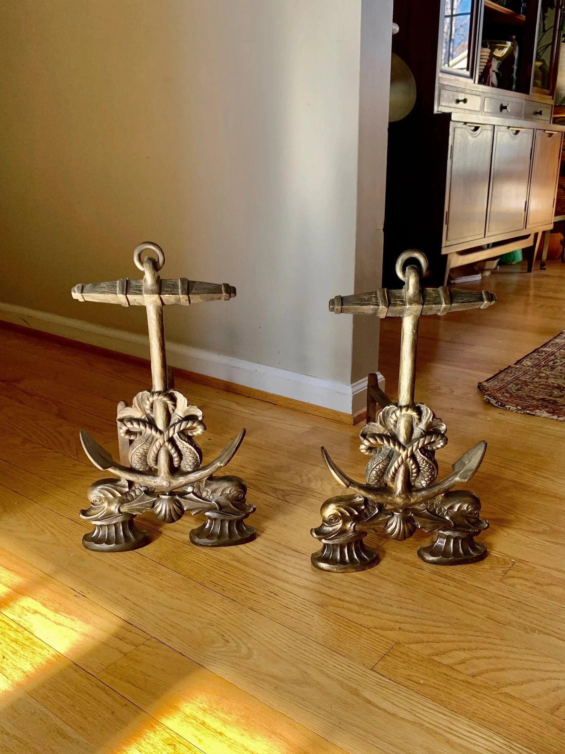 Vtg Howes Brass Anchor Andirons | Brass Decorative Sea Serpent Anchor Andirons | Nautical Themed Andirons | Mid Century Nautical Decor