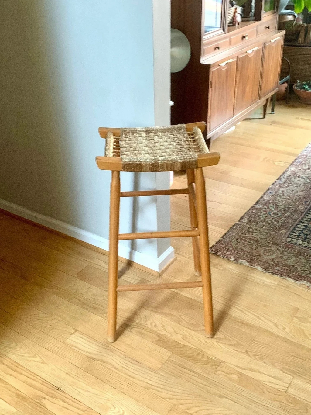 A Tall Rush Bottom Bar Stool | Wooden Rush Stool | French Style Wooden Stool | Woven Top Bar Stool