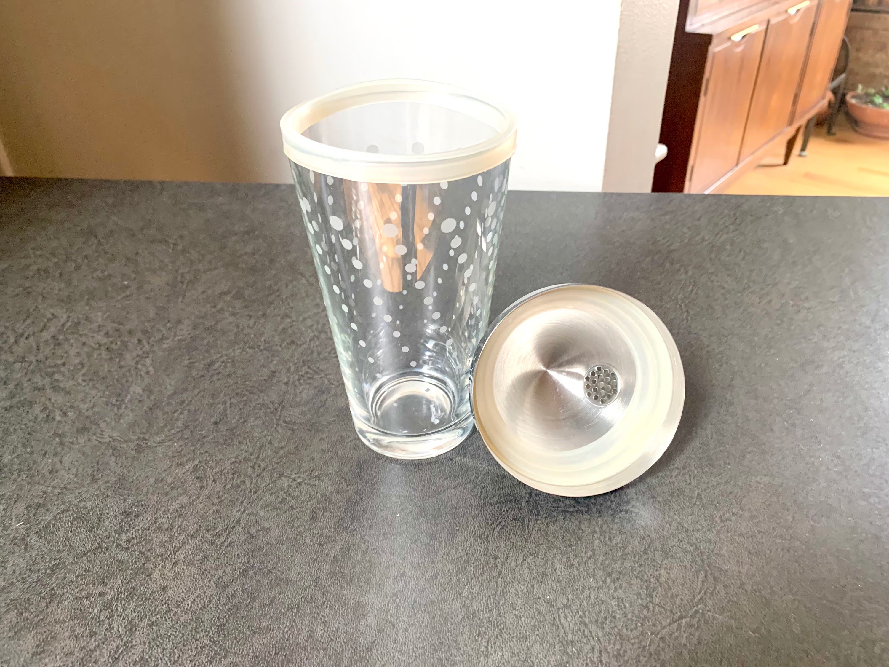 MCM Libby Glass Poka Dot Cocktail Shaker | MCM Glass and Chrome Shaker | Libby Glass Barware | MCM batware Shaker