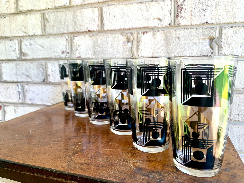 Set of 6 Atomic Hazel Atlas Cocktail Glasses | Black and 22k Gold Geometric Designed Glasses | Black and Gold Atomic Era Highball Glasses