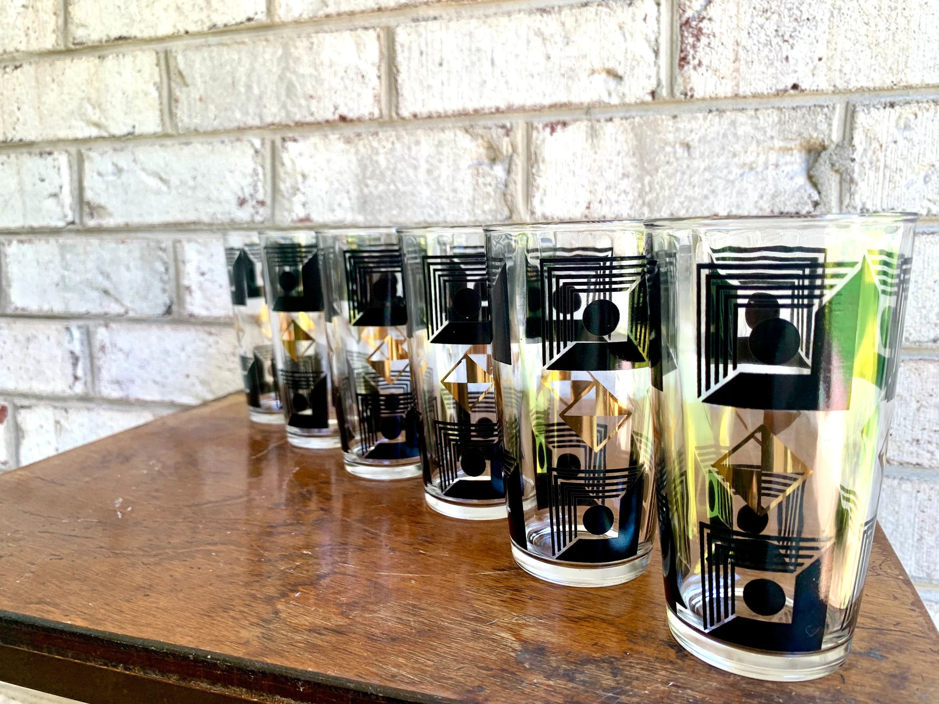 Set of 6 Atomic Hazel Atlas Cocktail Glasses | Black and 22k Gold Geometric Designed Glasses | Black and Gold Atomic Era Highball Glasses