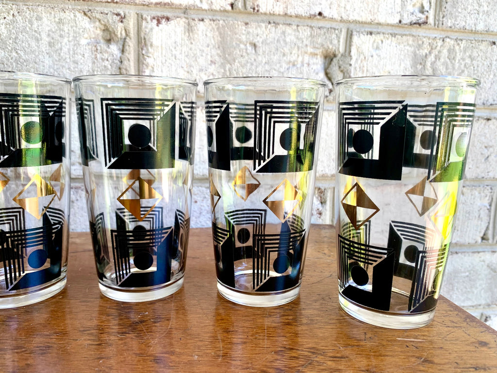 Set of 6 Atomic Hazel Atlas Cocktail Glasses | Black and 22k Gold Geometric Designed Glasses | Black and Gold Atomic Era Highball Glasses