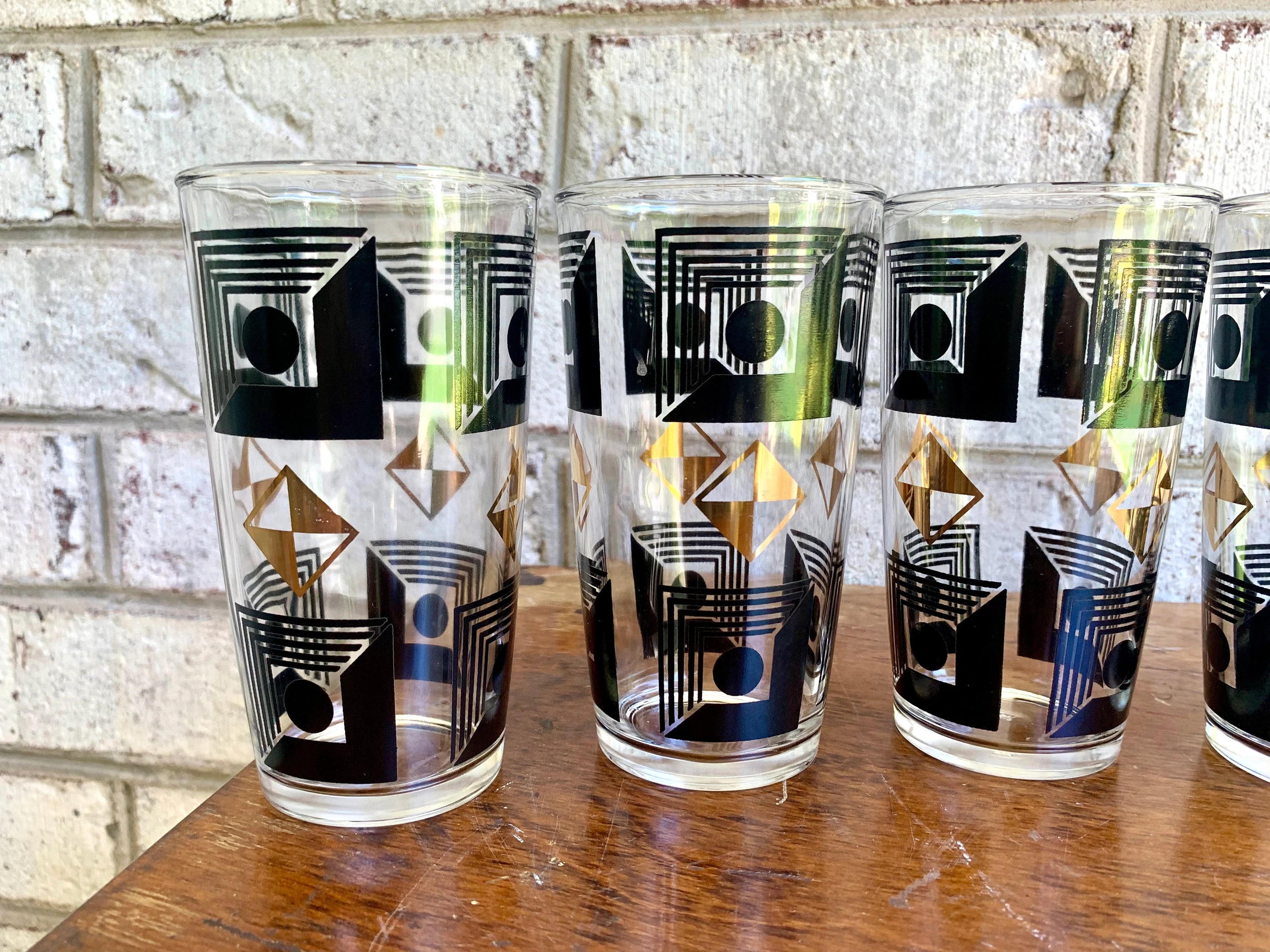 Set of 6 Atomic Hazel Atlas Cocktail Glasses | Black and 22k Gold Geometric Designed Glasses | Black and Gold Atomic Era Highball Glasses