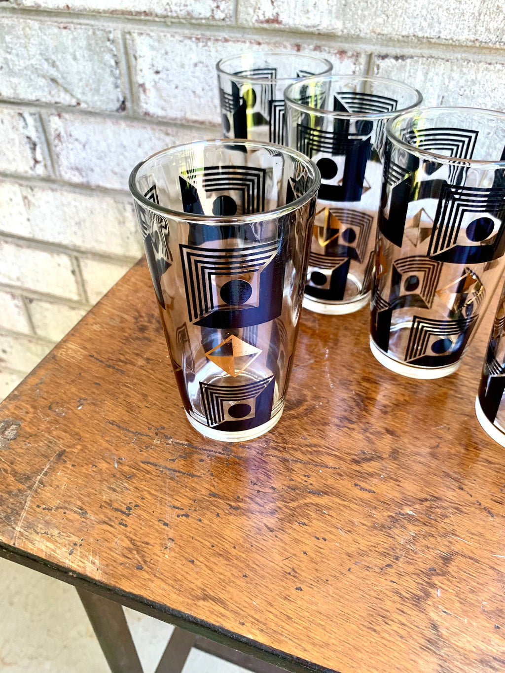 Set of 6 Atomic Hazel Atlas Cocktail Glasses | Black and 22k Gold Geometric Designed Glasses | Black and Gold Atomic Era Highball Glasses