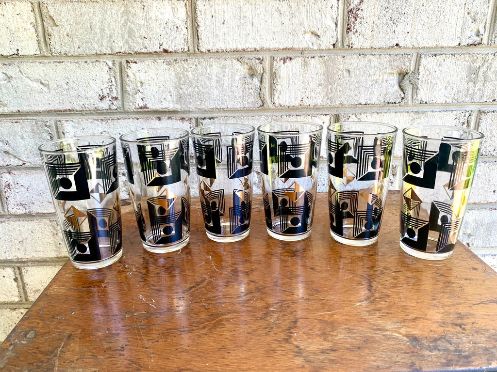 Set of 6 Atomic Hazel Atlas Cocktail Glasses | Black and 22k Gold Geometric Designed Glasses | Black and Gold Atomic Era Highball Glasses