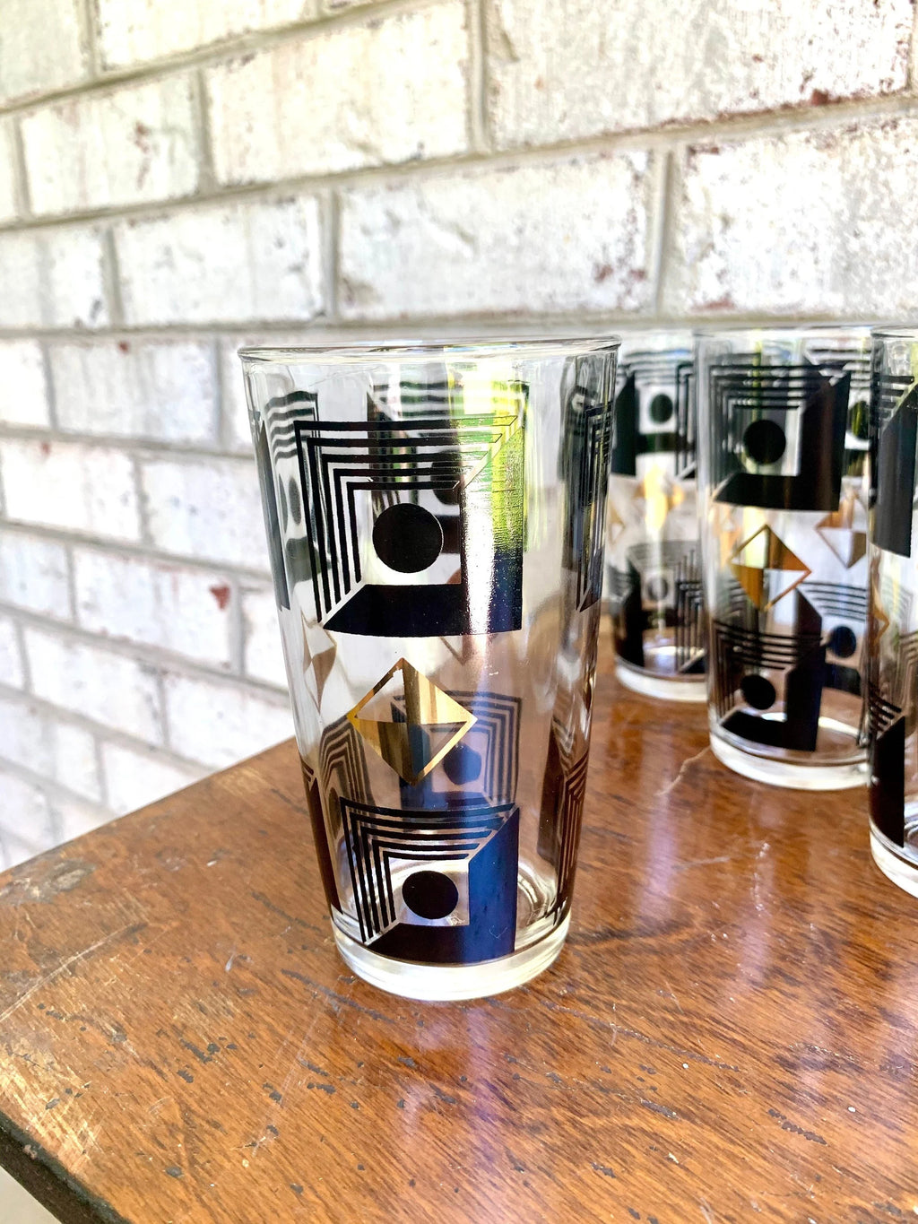 Set of 6 Atomic Hazel Atlas Cocktail Glasses | Black and 22k Gold Geometric Designed Glasses | Black and Gold Atomic Era Highball Glasses