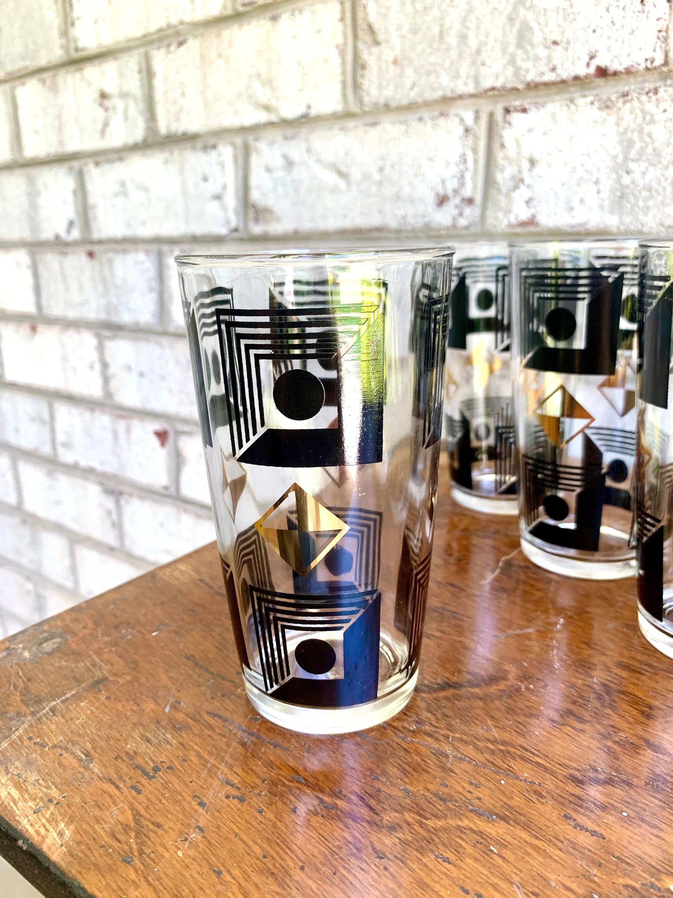 Set of 6 Atomic Hazel Atlas Cocktail Glasses | Black and 22k Gold Geometric Designed Glasses | Black and Gold Atomic Era Highball Glasses
