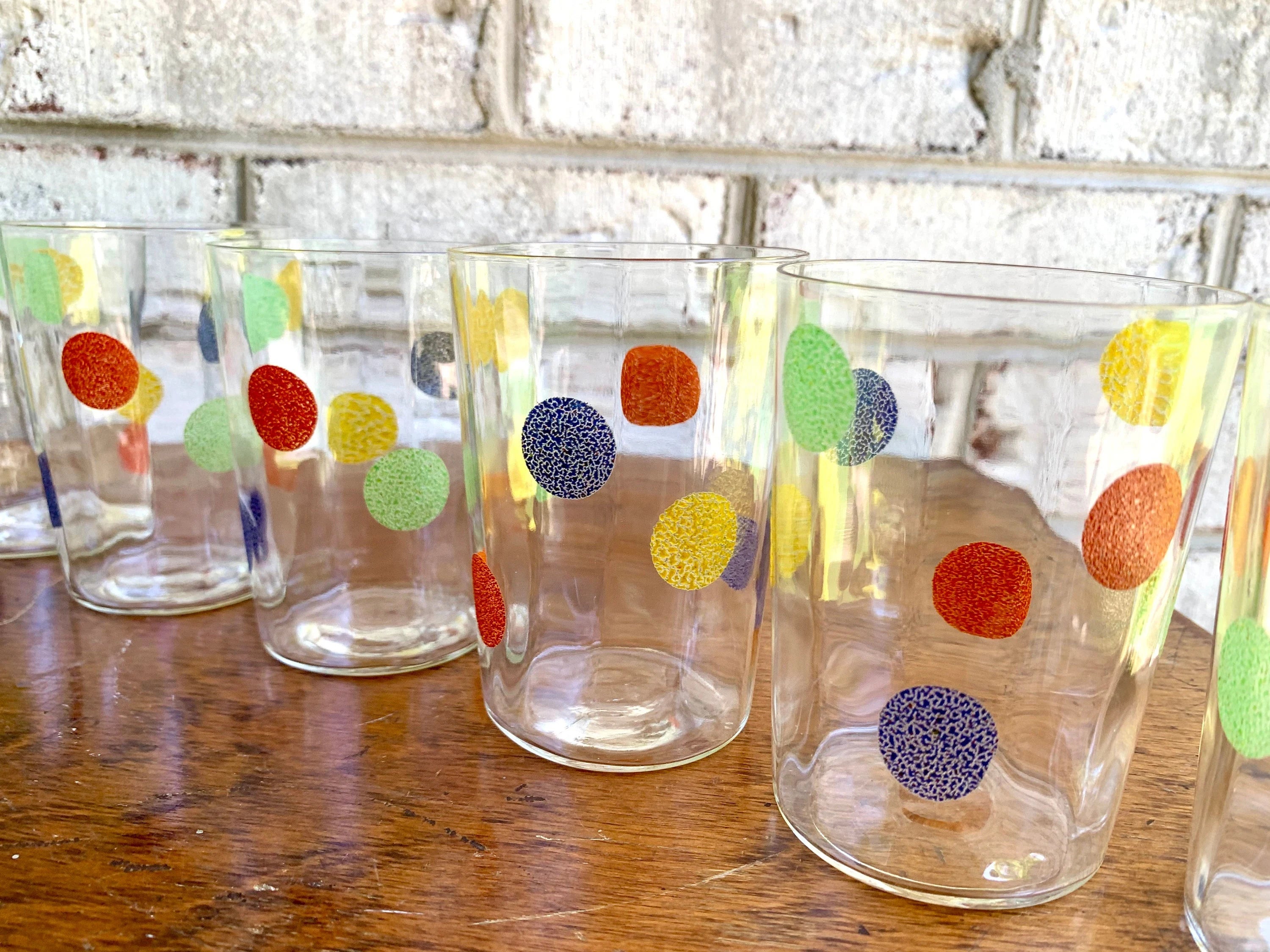 Vintage Set of 6 MCM Polka Dot Drinking Glasses | Multi Colored Polka Dot Glasses | Thin Glass Polka Dot Juice Glasses