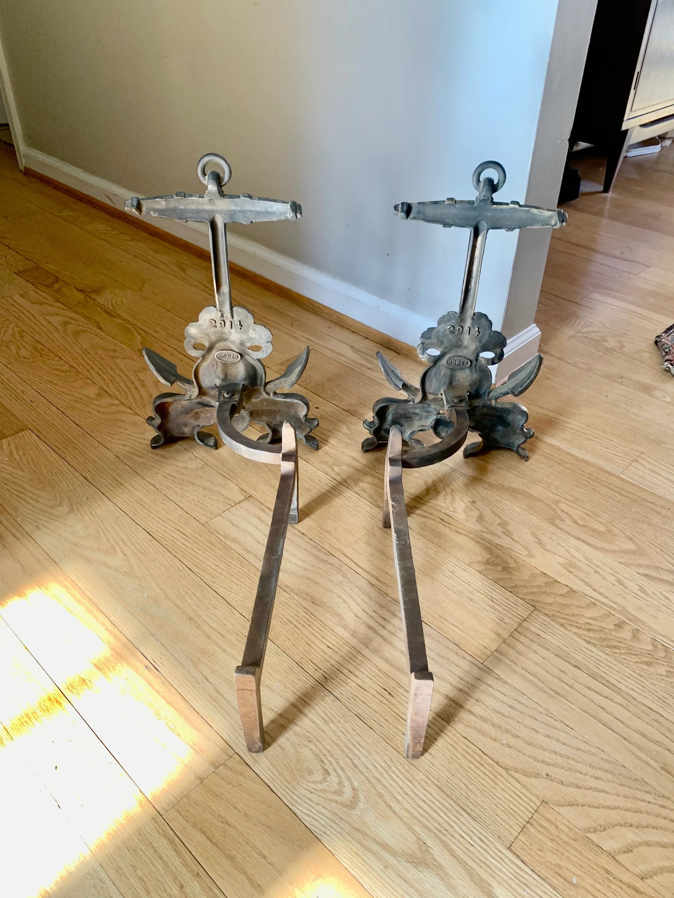 Vtg Howes Brass Anchor Andirons | Brass Decorative Sea Serpent Anchor Andirons | Nautical Themed Andirons | Mid Century Nautical Decor