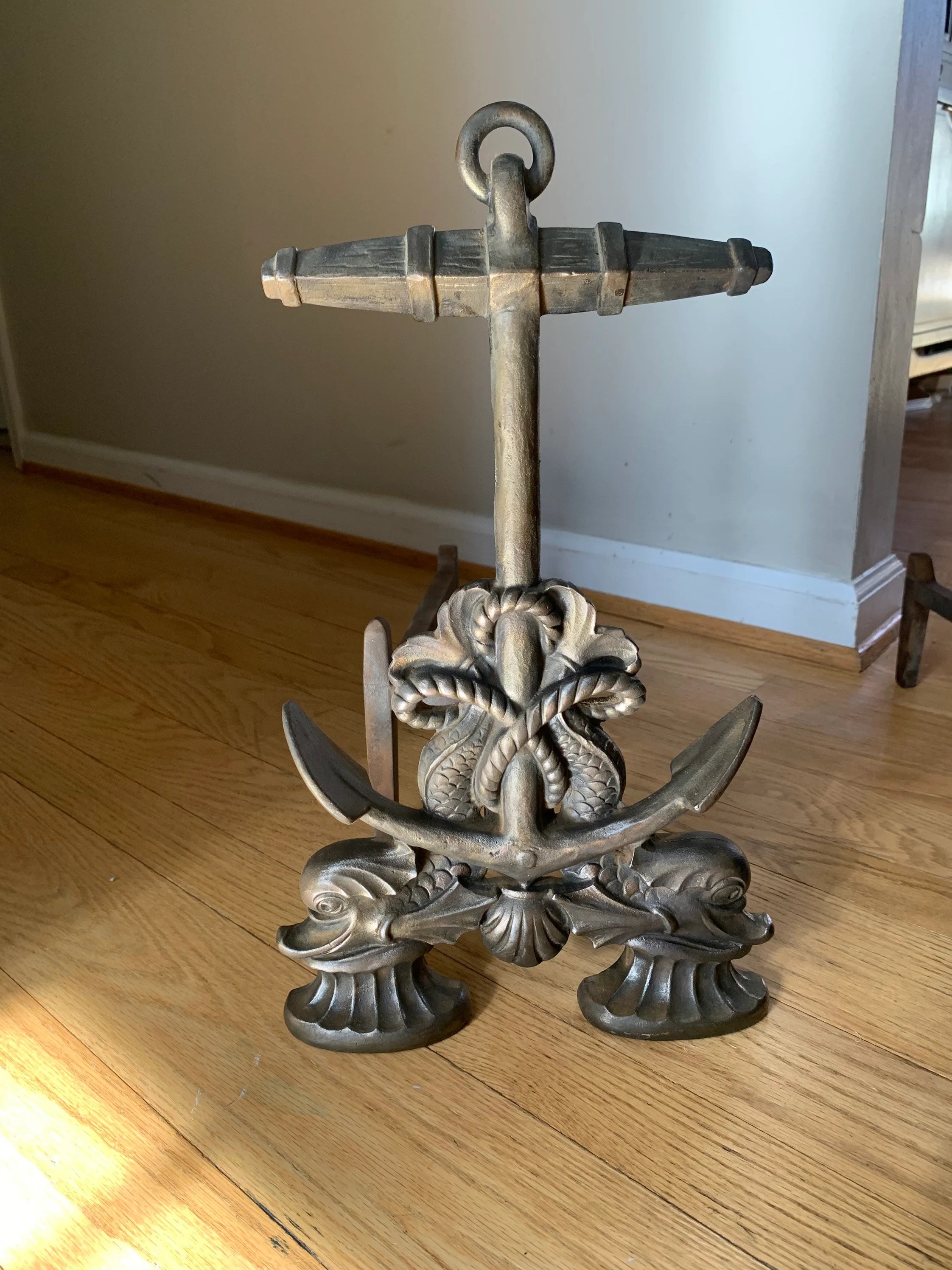 Vtg Howes Brass Anchor Andirons | Brass Decorative Sea Serpent Anchor Andirons | Nautical Themed Andirons | Mid Century Nautical Decor