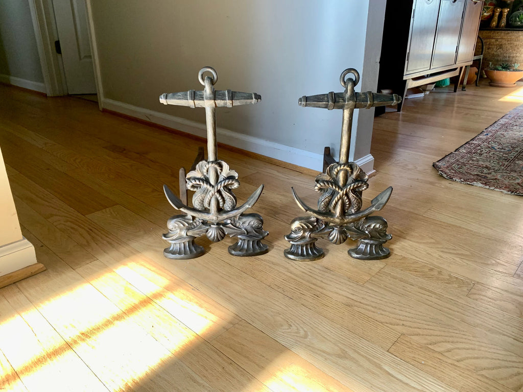 Vtg Howes Brass Anchor Andirons | Brass Decorative Sea Serpent Anchor Andirons | Nautical Themed Andirons | Mid Century Nautical Decor