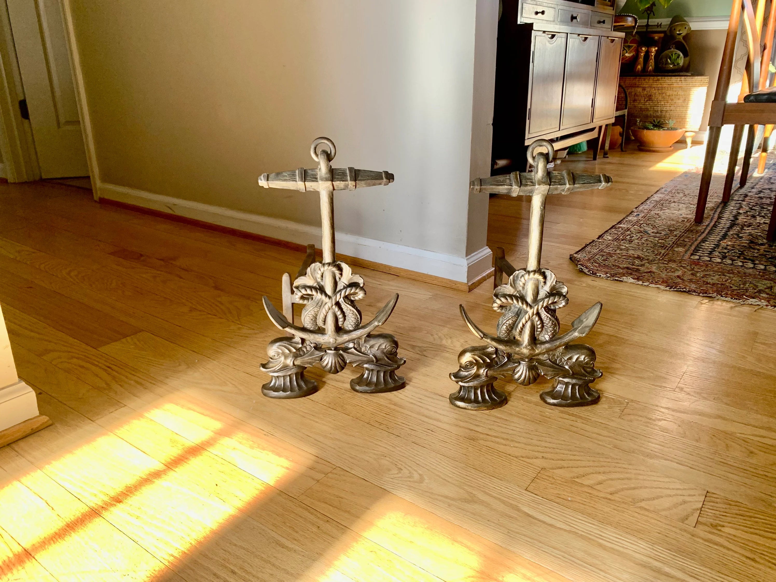 Vtg Howes Brass Anchor Andirons | Brass Decorative Sea Serpent Anchor Andirons | Nautical Themed Andirons | Mid Century Nautical Decor