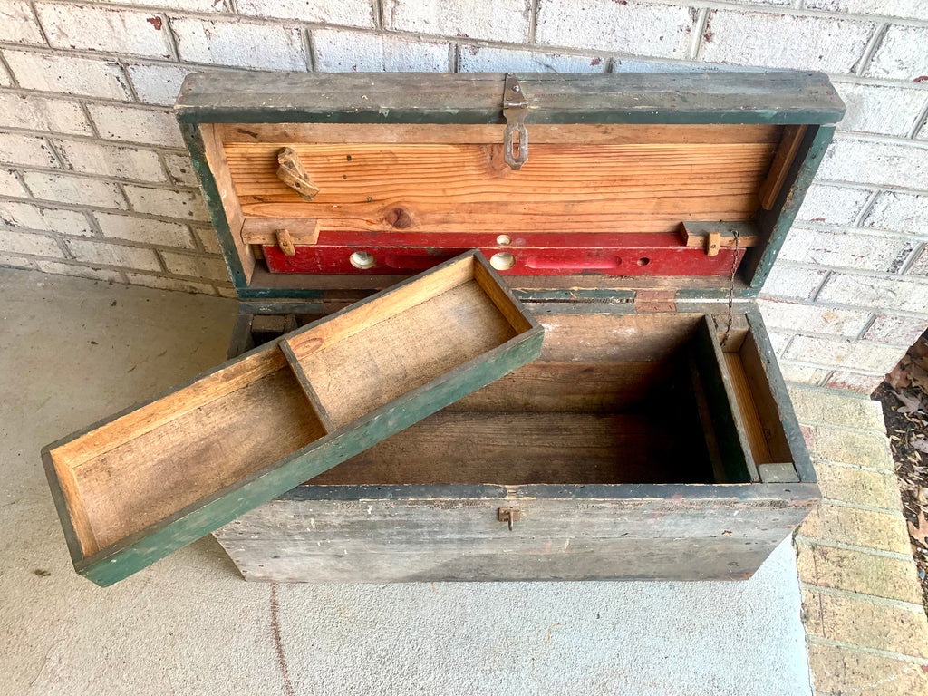 Vintage Wood Carpenter's Tool Chest | Distressed Wood Tool Trunk | Rustic Green Wood Tool Box and Level | Rustic Coffee Table