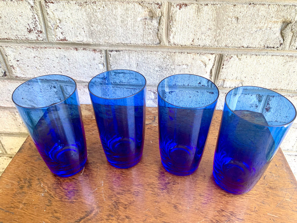 Vintage Set of 4 Colbalt Blue Drinking Glasses | Colbalt Blue Drinking Glasses | Blue Tumbler Glasses