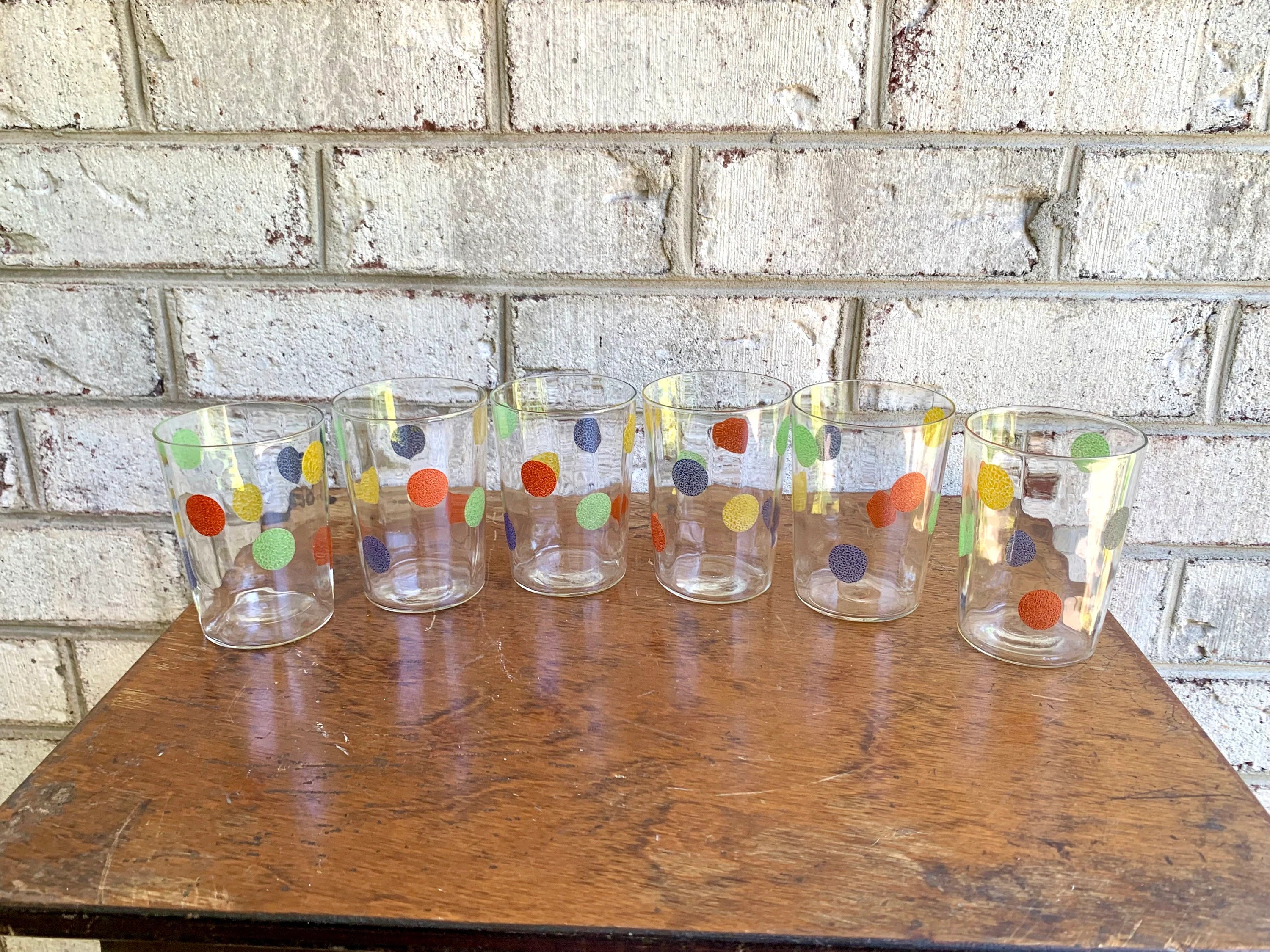 Vintage Set of 6 MCM Polka Dot Drinking Glasses | Multi Colored Polka Dot Glasses | Thin Glass Polka Dot Juice Glasses
