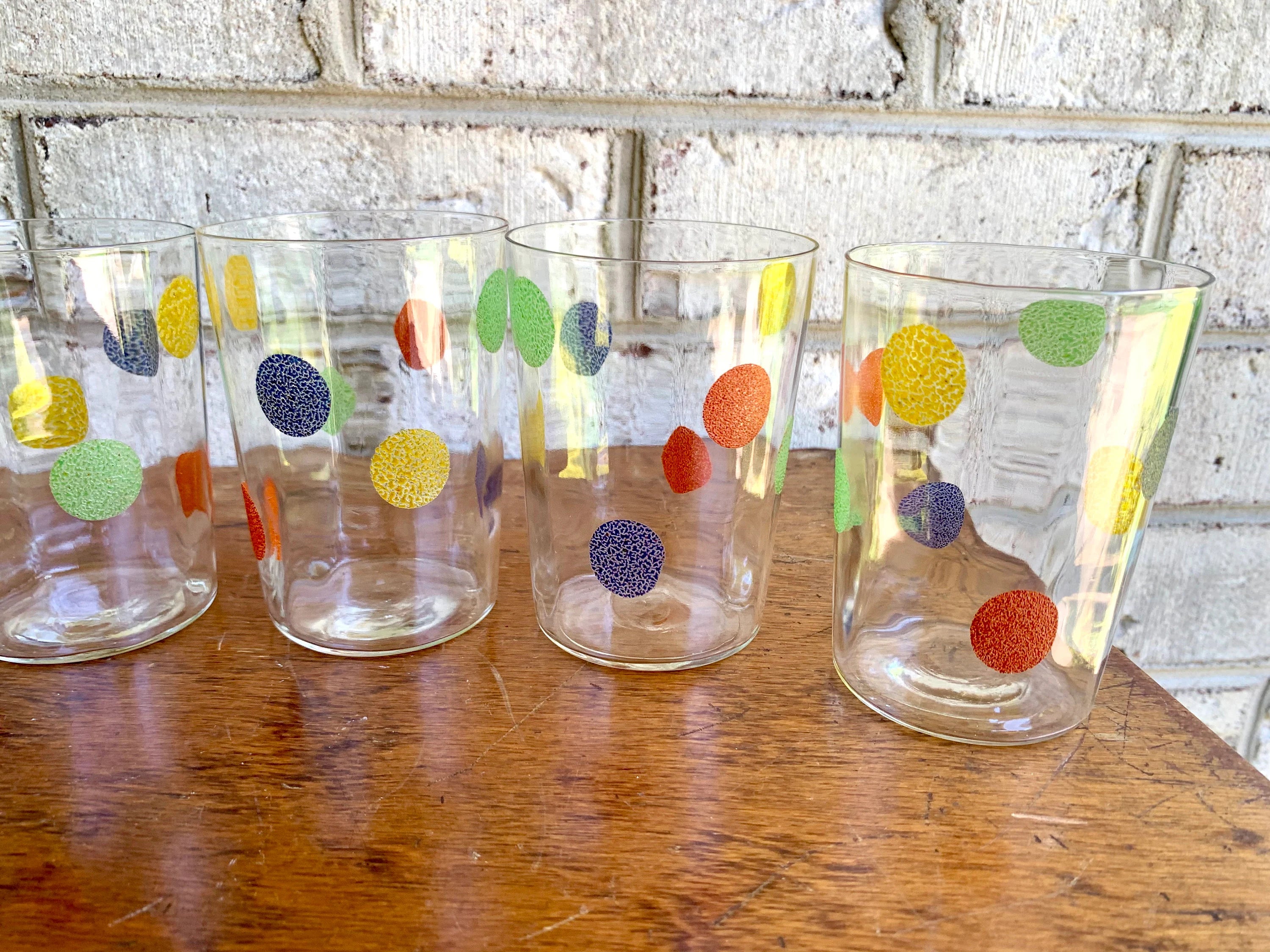 Vintage Set of 6 MCM Polka Dot Drinking Glasses | Multi Colored Polka Dot Glasses | Thin Glass Polka Dot Juice Glasses